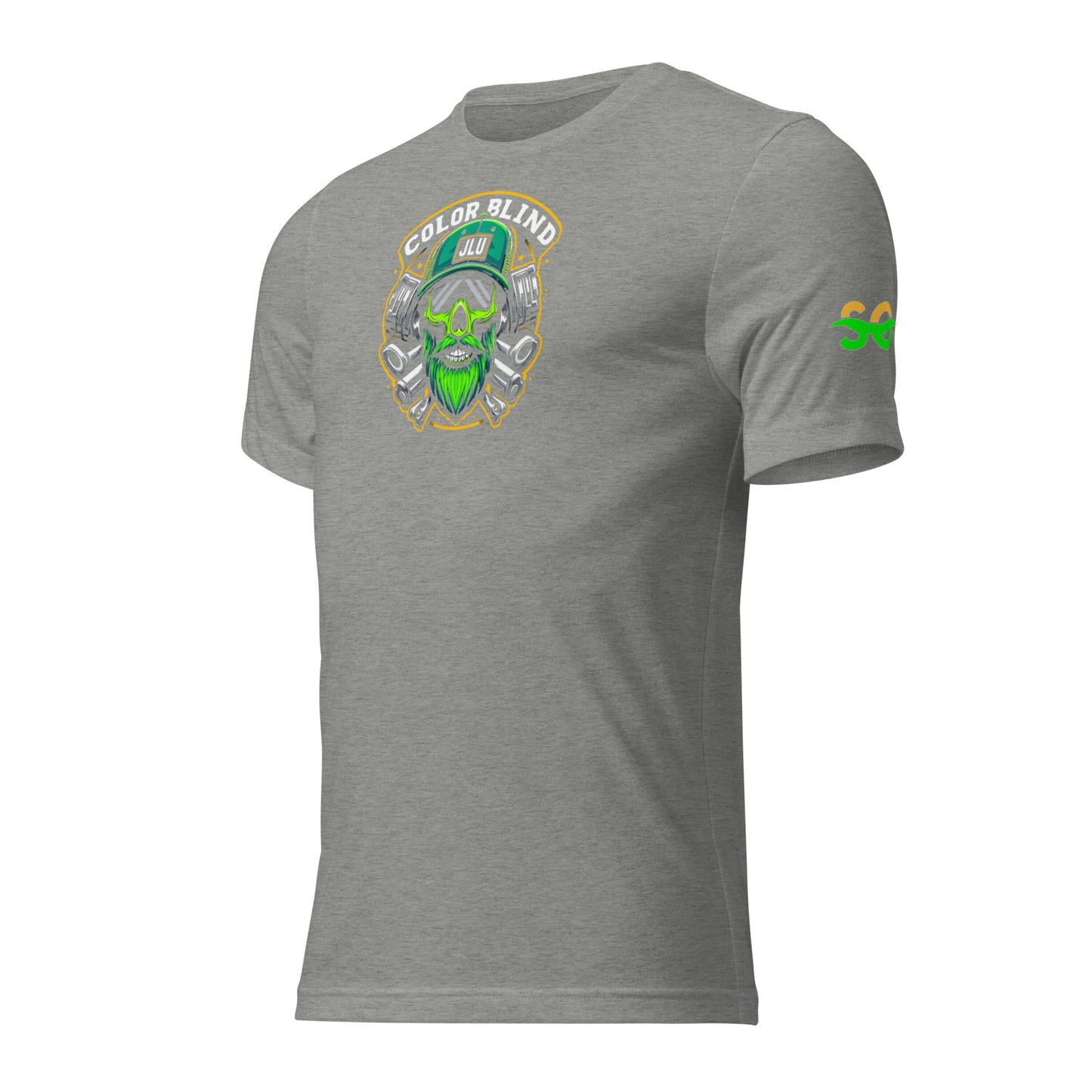 a grey t - shirt with a green and yellow logo