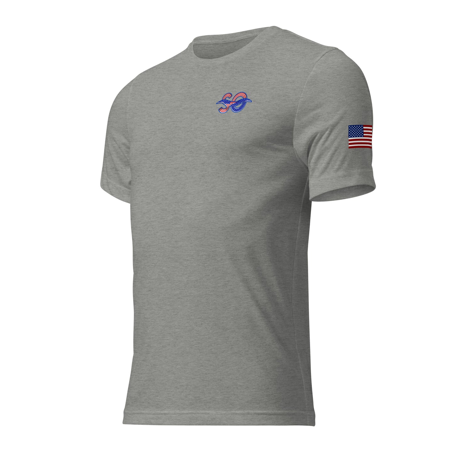 a grey t - shirt with an american flag on the chest