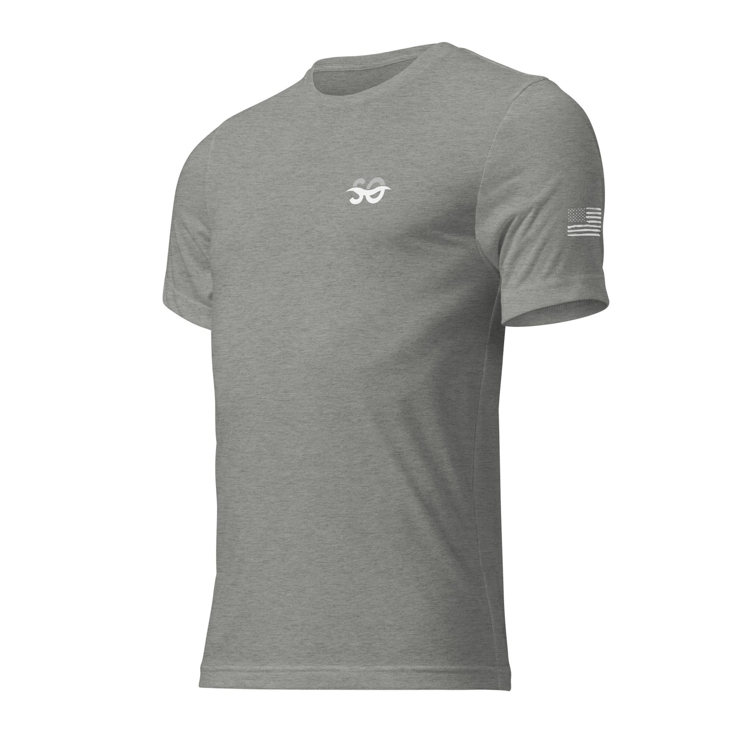 a grey t - shirt with an om symbol on the chest