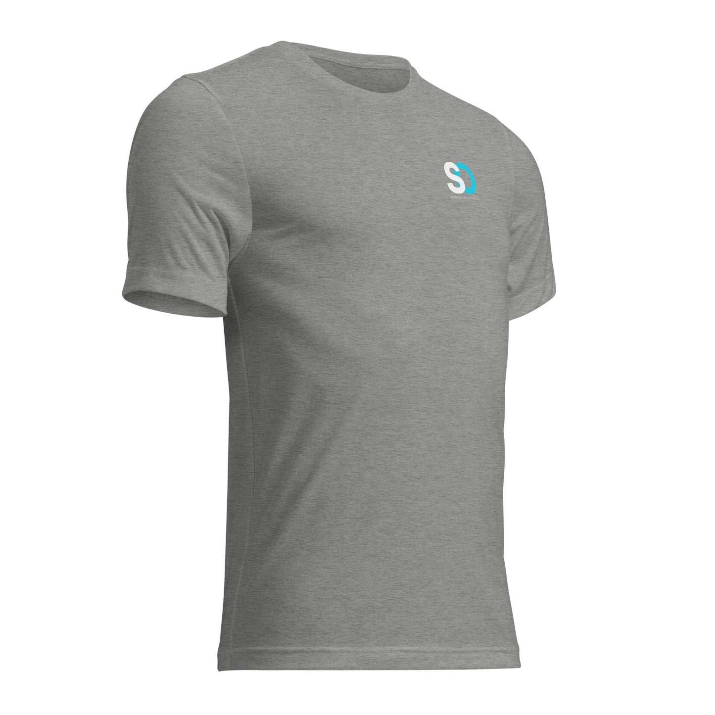 a grey t - shirt with a white s on the chest