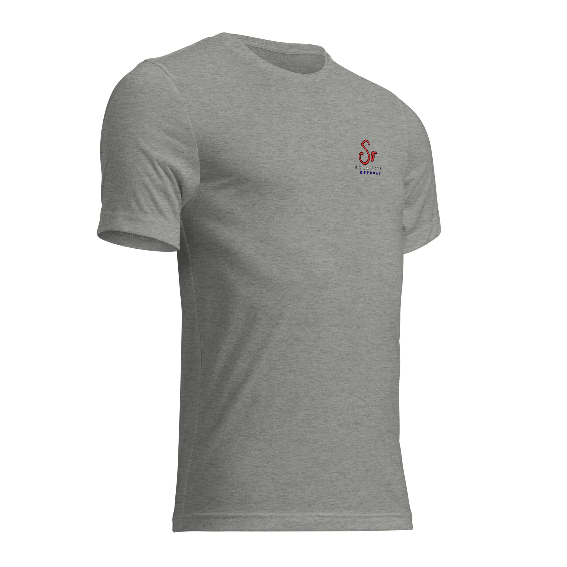 a grey t - shirt with a red logo on the chest