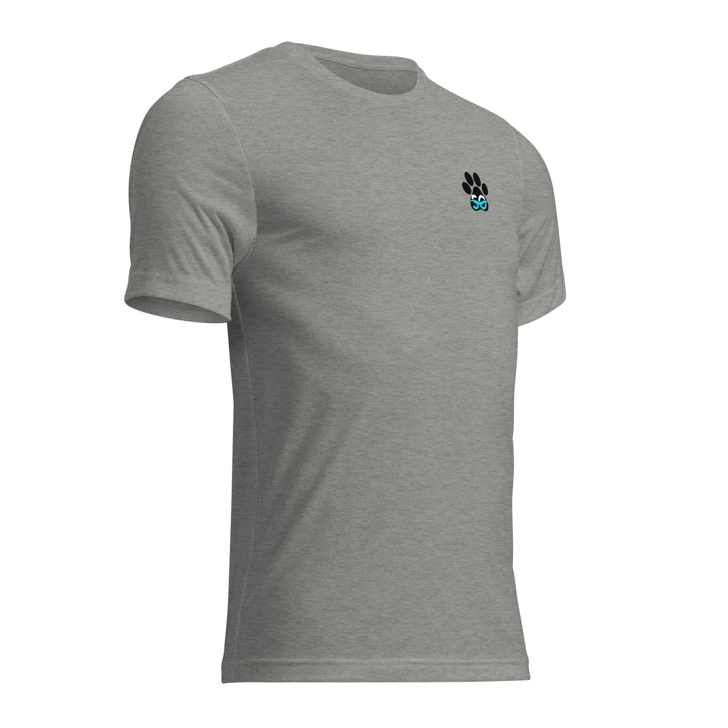 a grey t - shirt with a blue logo on the chest