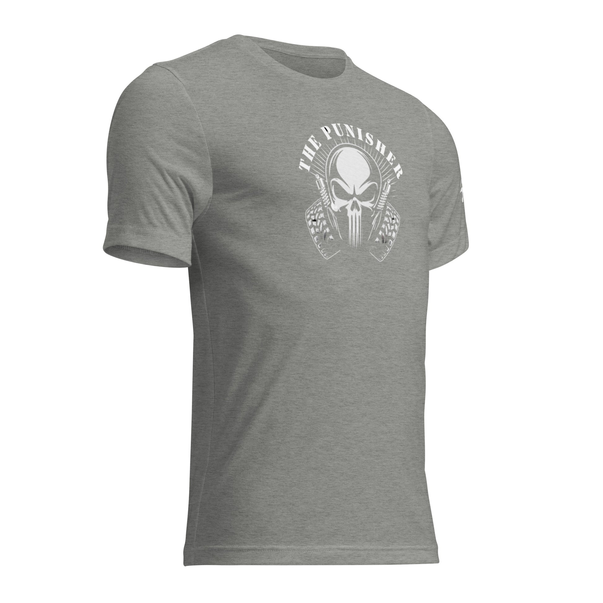 a grey t - shirt with an image of a skull on it