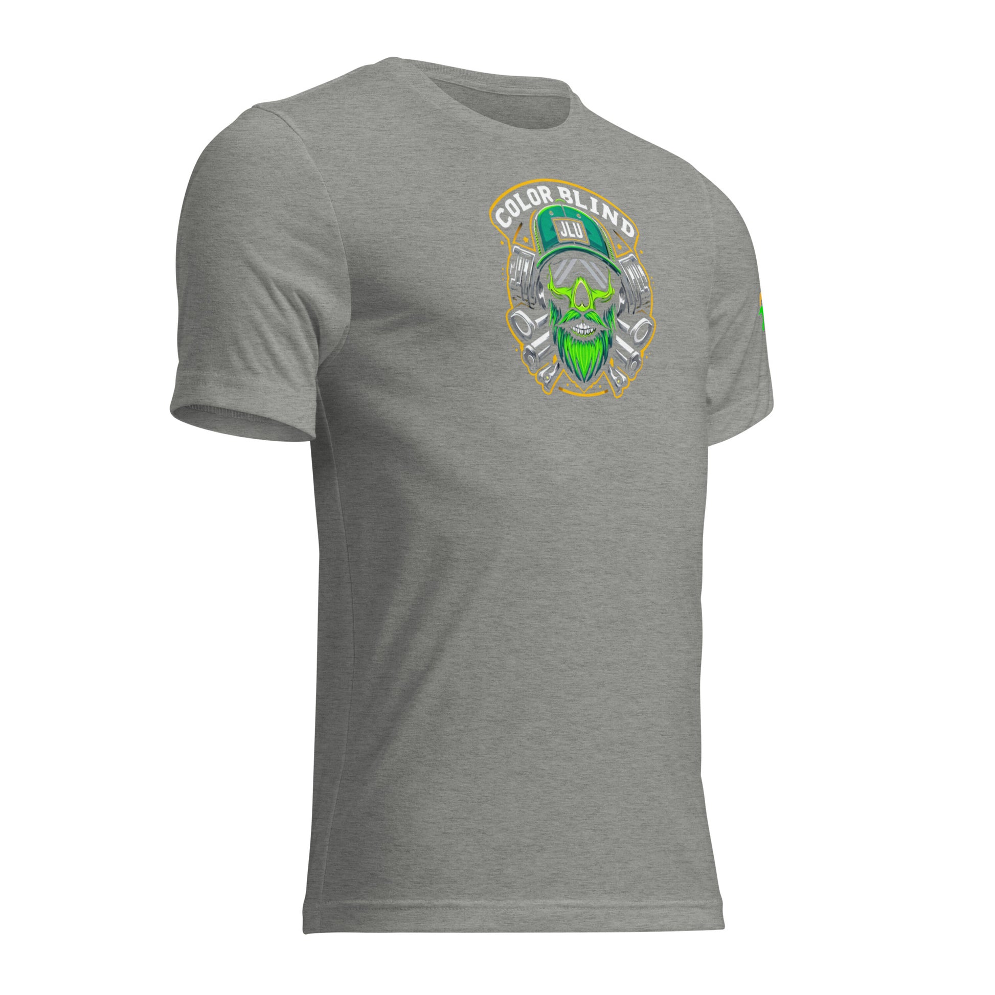 a grey t - shirt with a green alien head on it