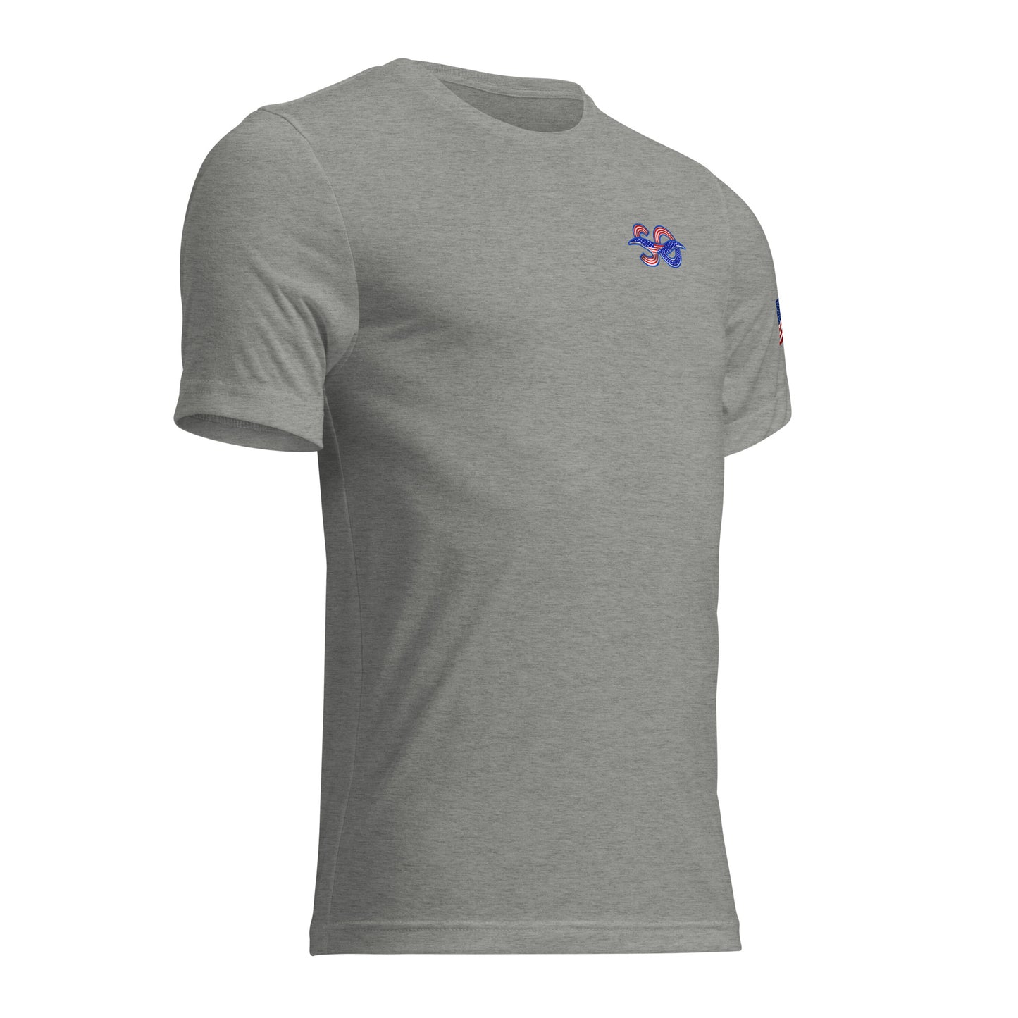 a grey t - shirt with a blue and red logo on the chest