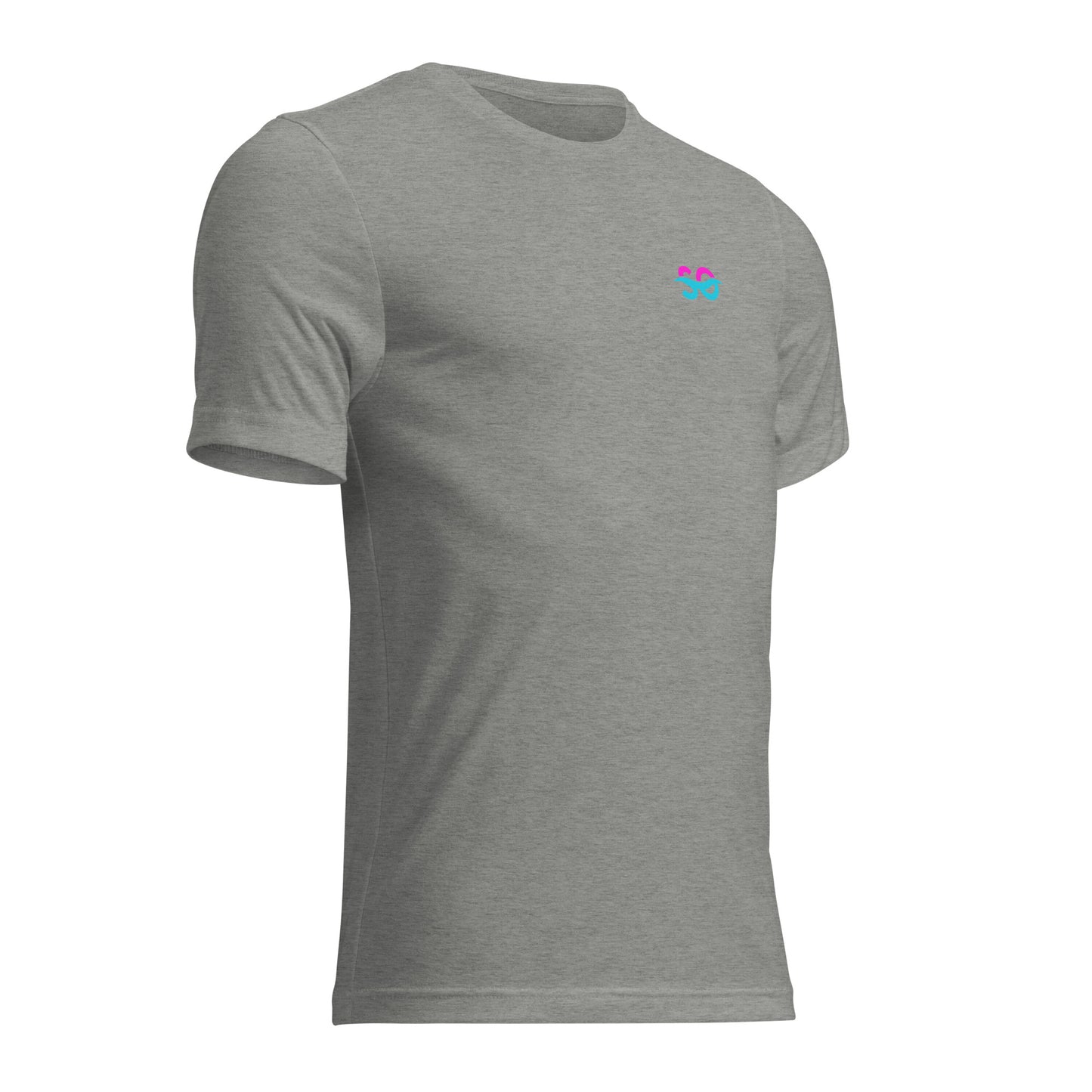 a grey t - shirt with a blue and pink logo