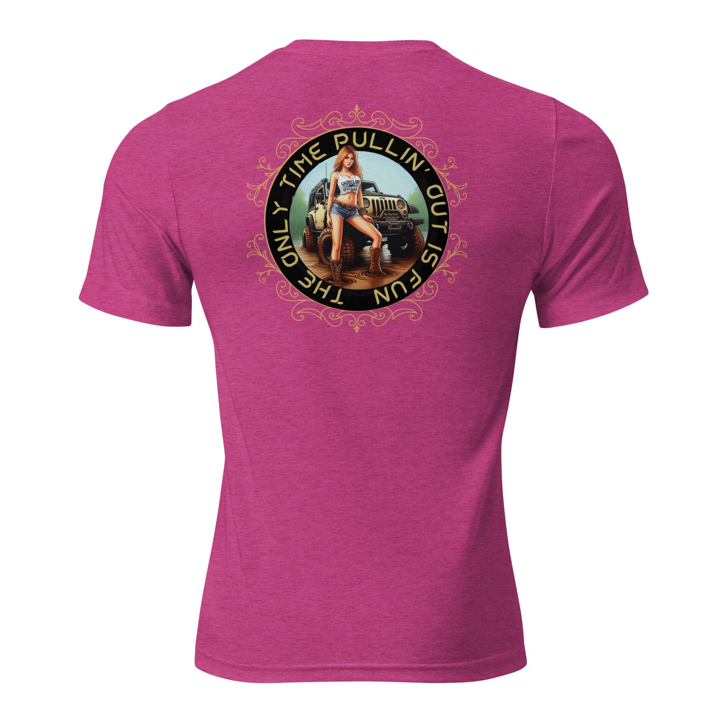 a pink t - shirt with a picture of a woman sitting on top of a