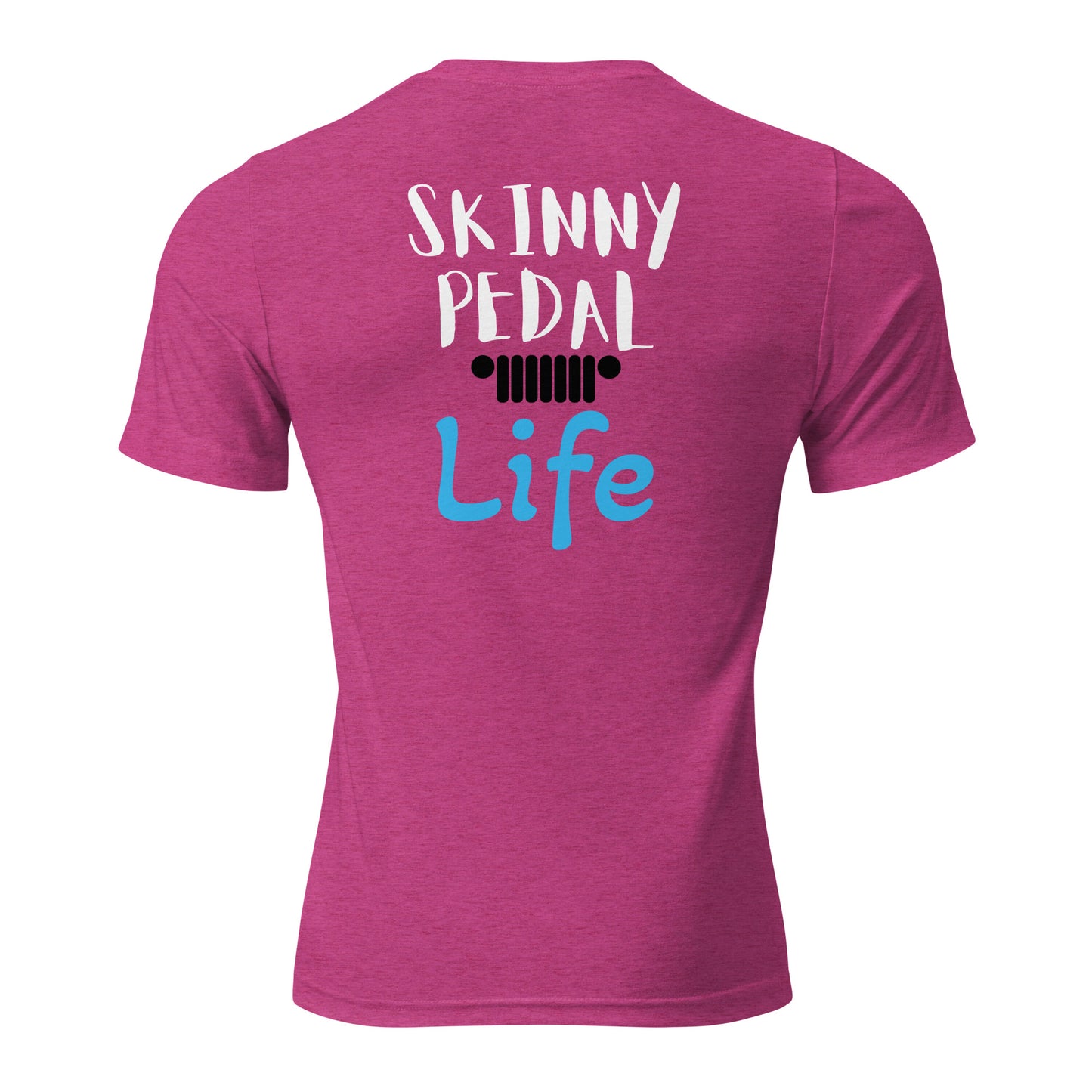 the back of a pink shirt that says ski tiny pedal life