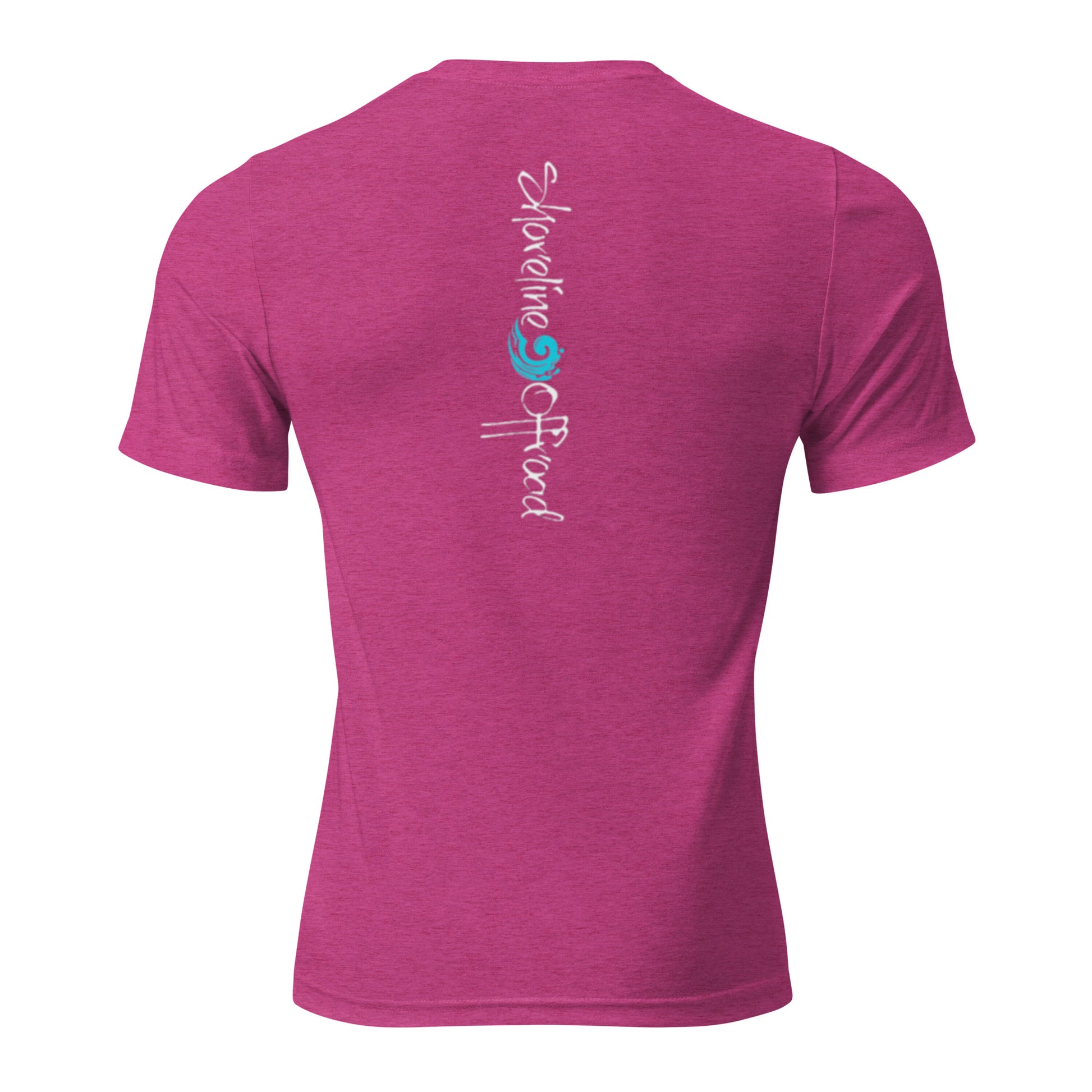 the back of a pink shirt with a blue and white logo on it