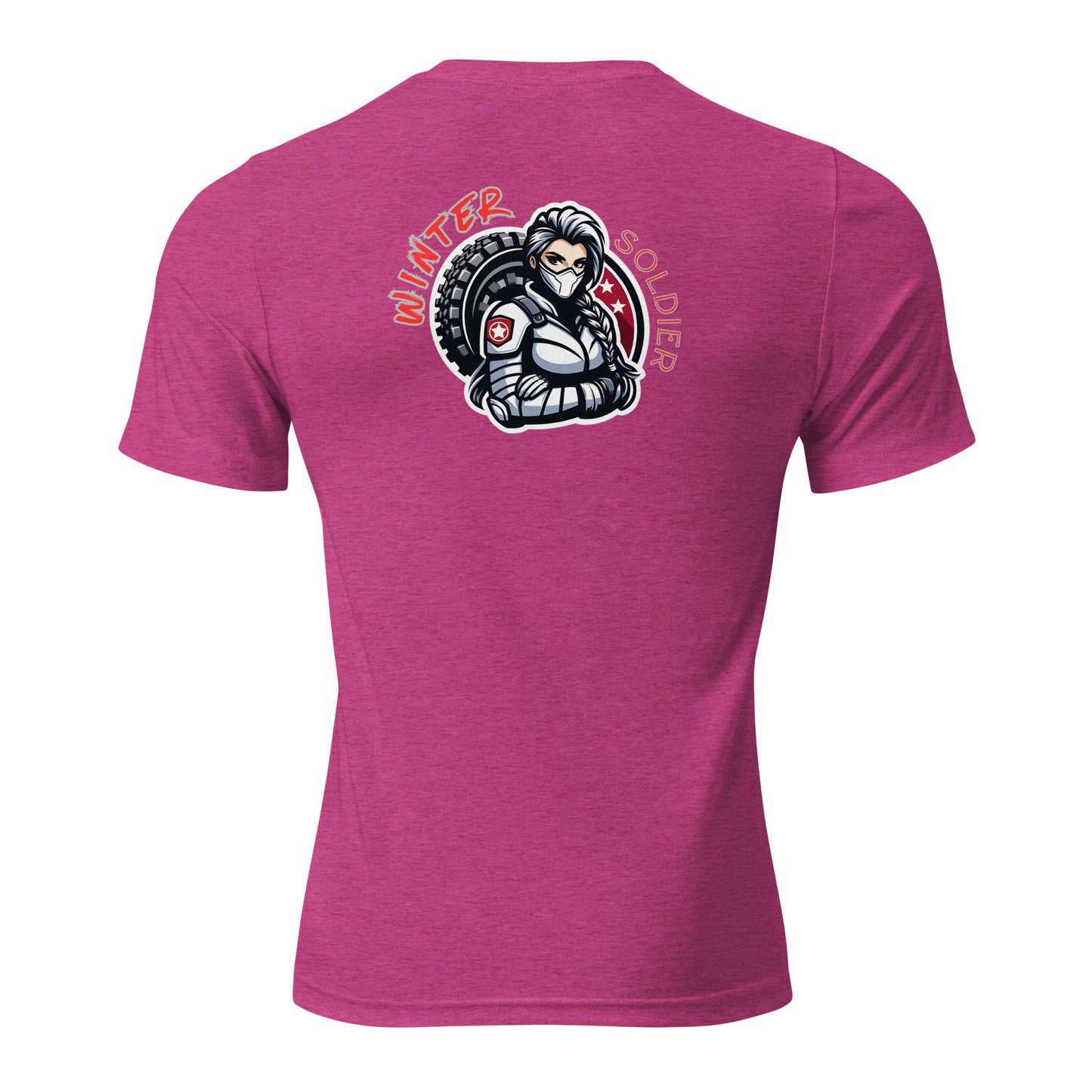 a pink t - shirt with an image of a woman in a helmet