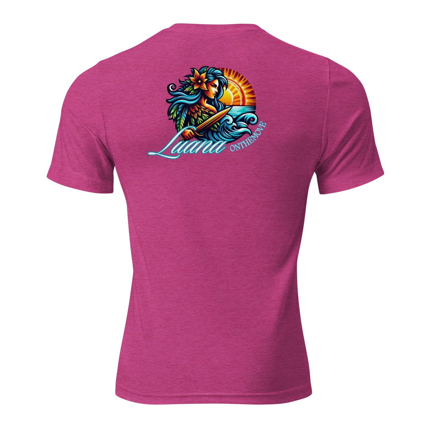 a pink shirt with a picture of a mermaid holding a surfboard