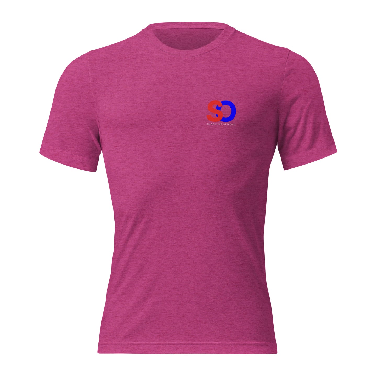 a pink shirt with a blue and red logo