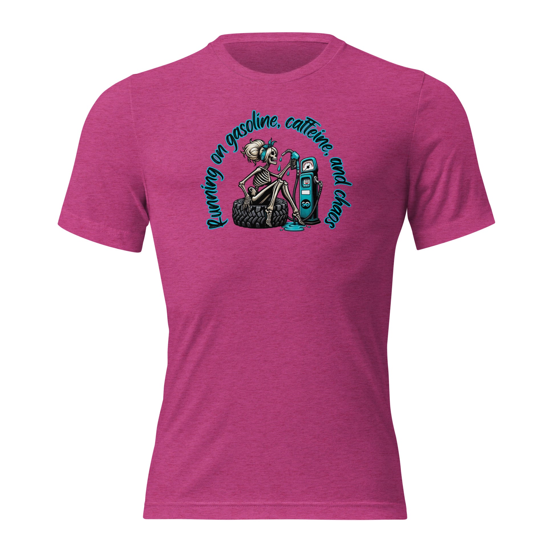 a women's pink shirt with a skeleton holding a skateboard