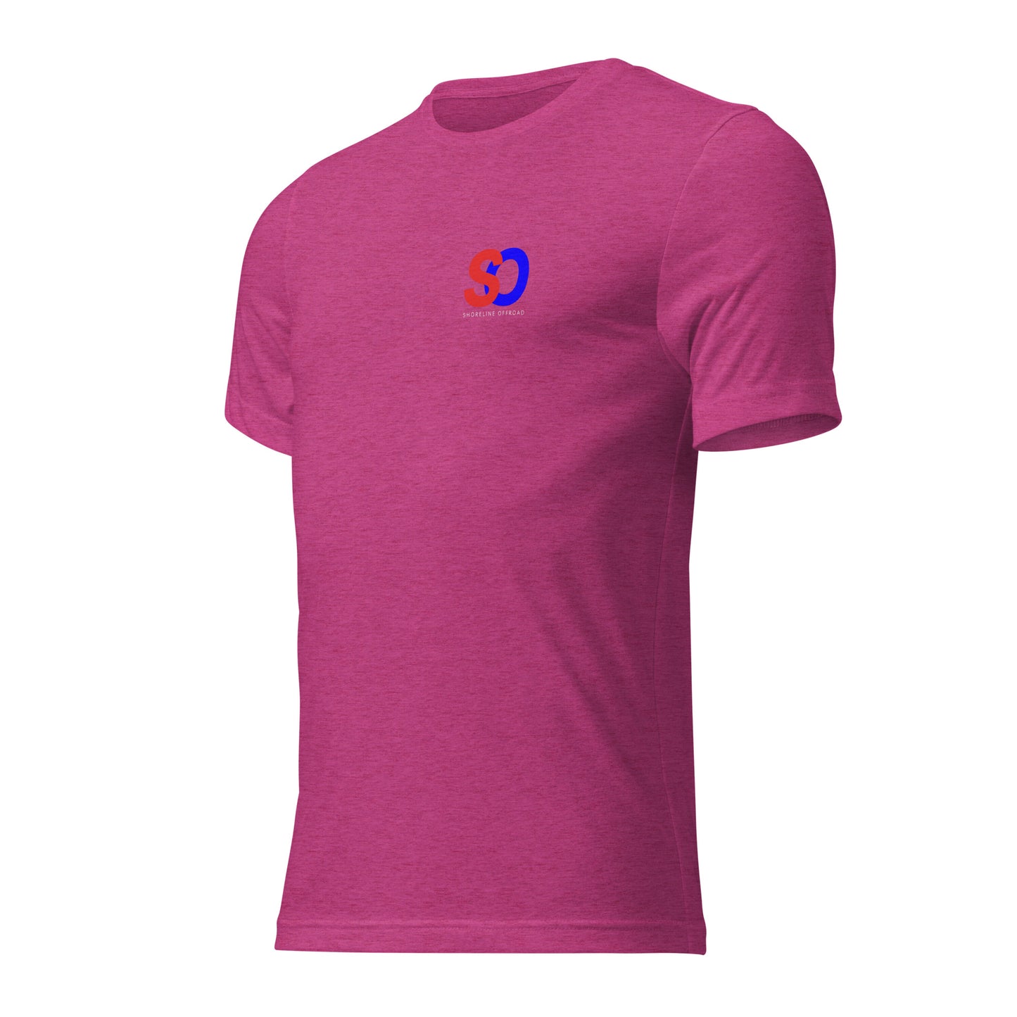 a pink shirt with a blue and red logo