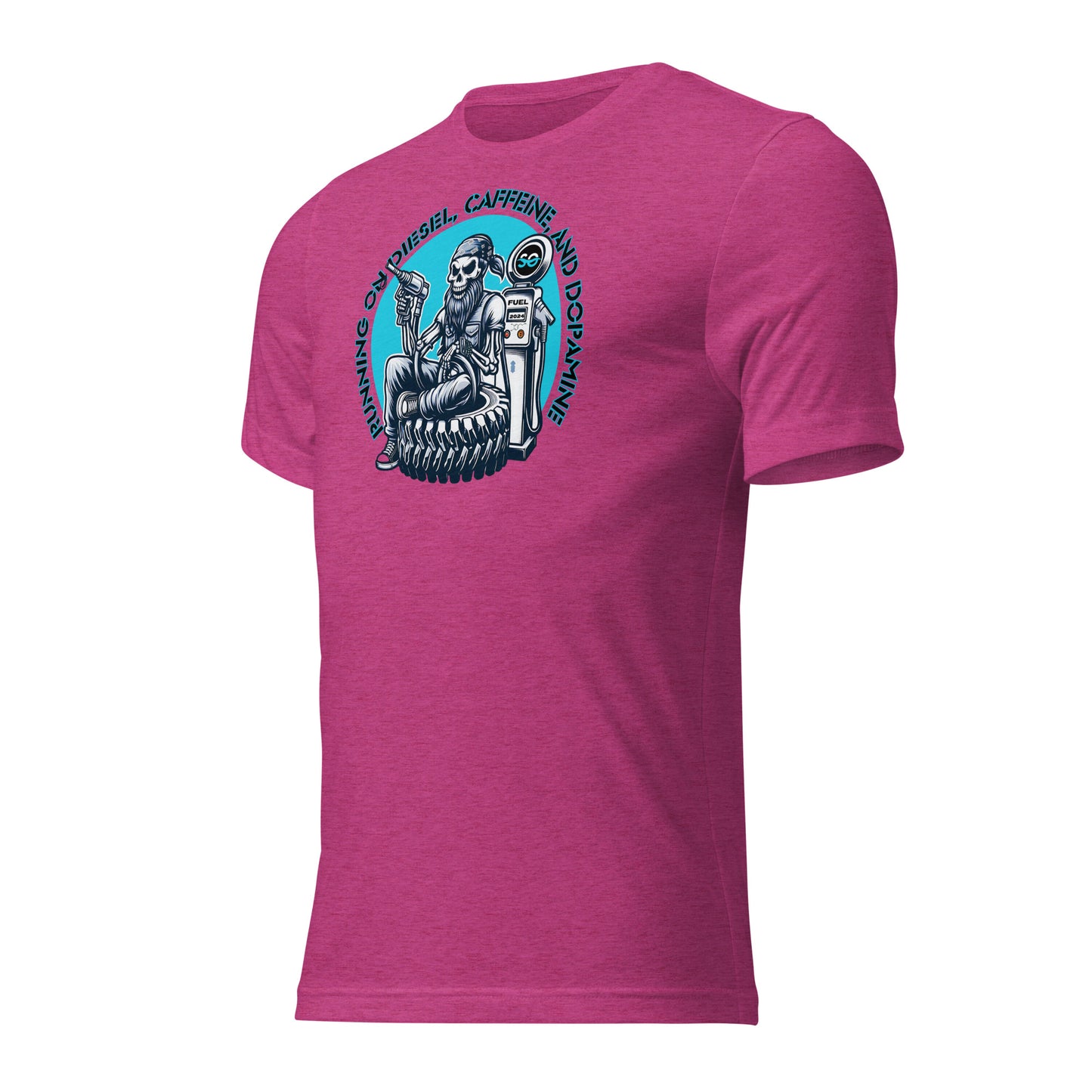 a pink t - shirt with an image of a skeleton riding a motorcycle