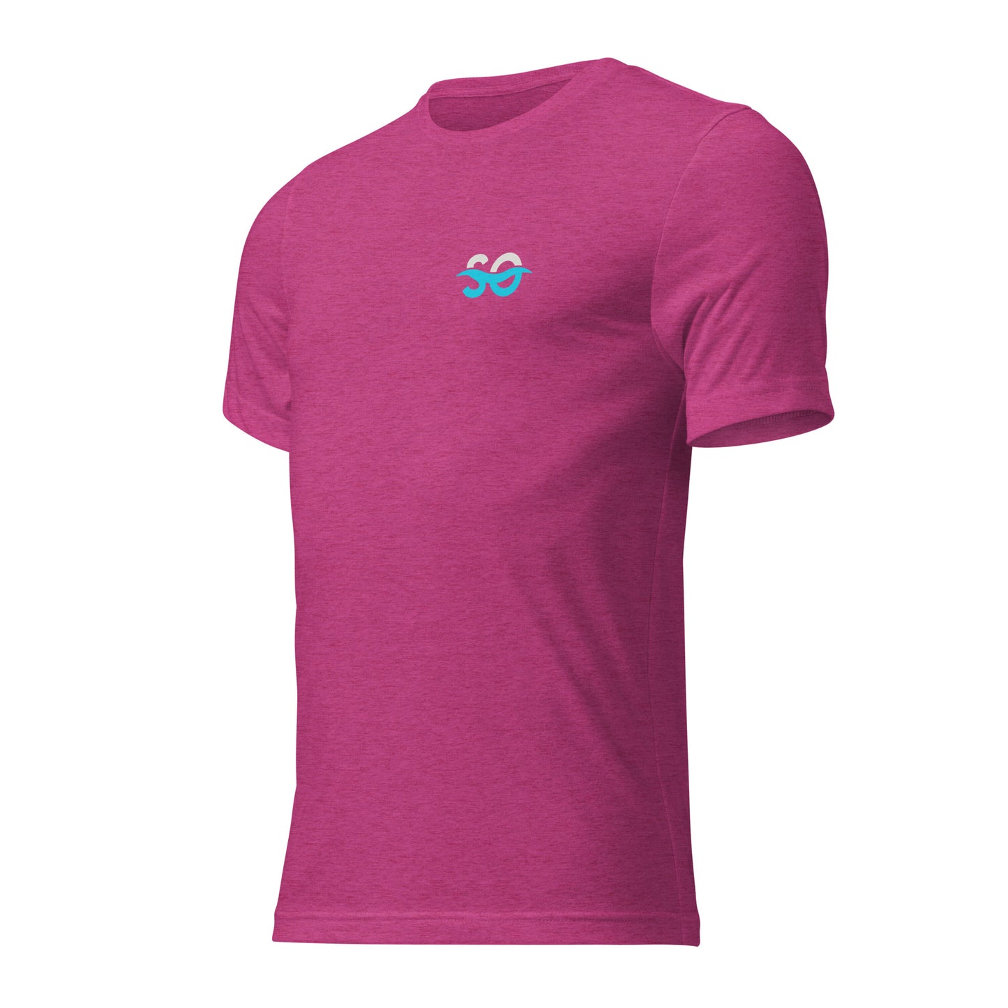 a pink t - shirt with a blue logo on the chest