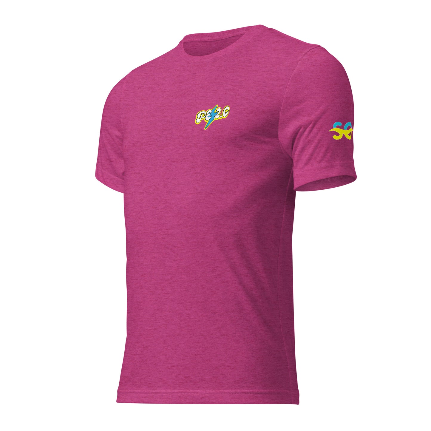 a pink t - shirt with a colorful design on the chest