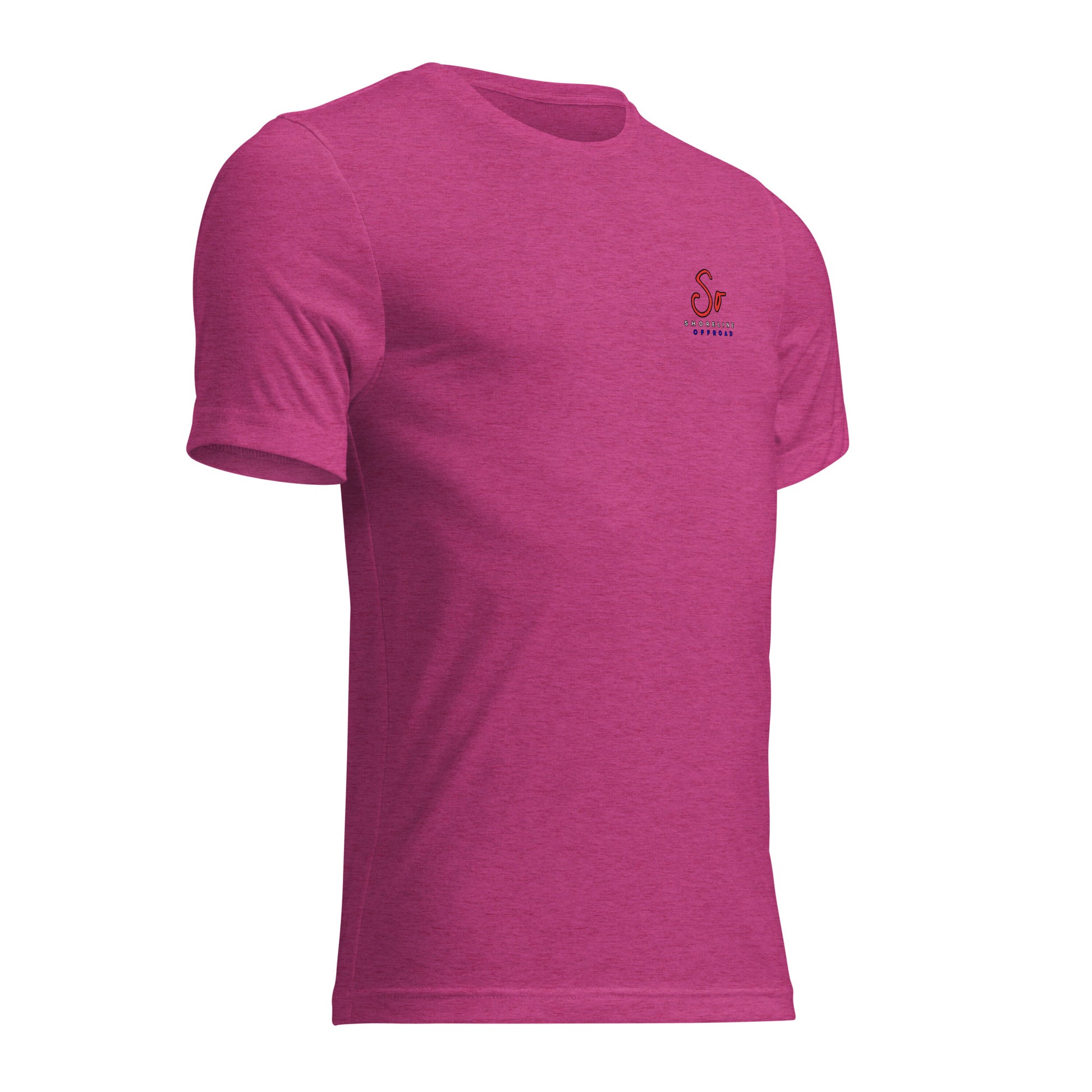 a pink t - shirt with a red logo on the chest