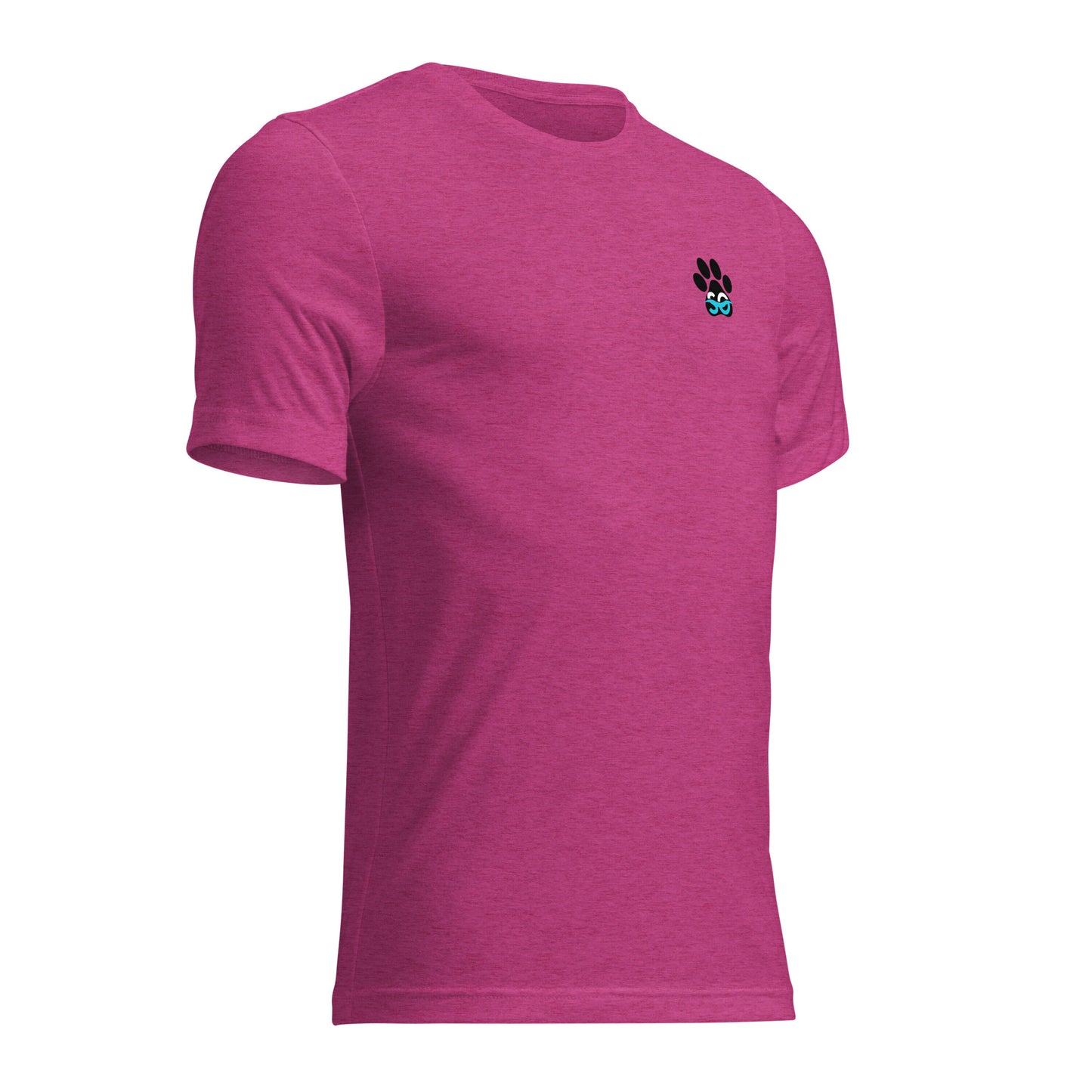 a pink t - shirt with a black and blue logo on the chest