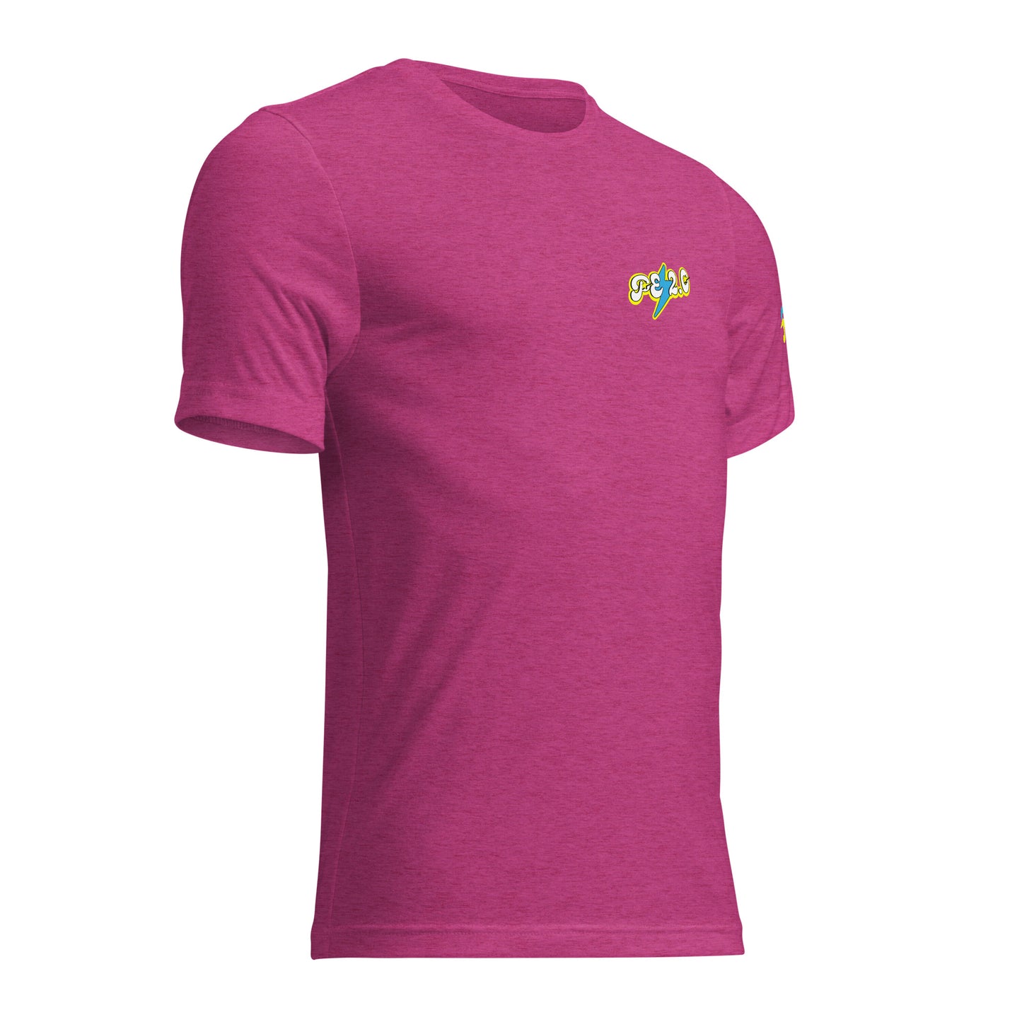 a pink t - shirt with a colorful logo on the chest