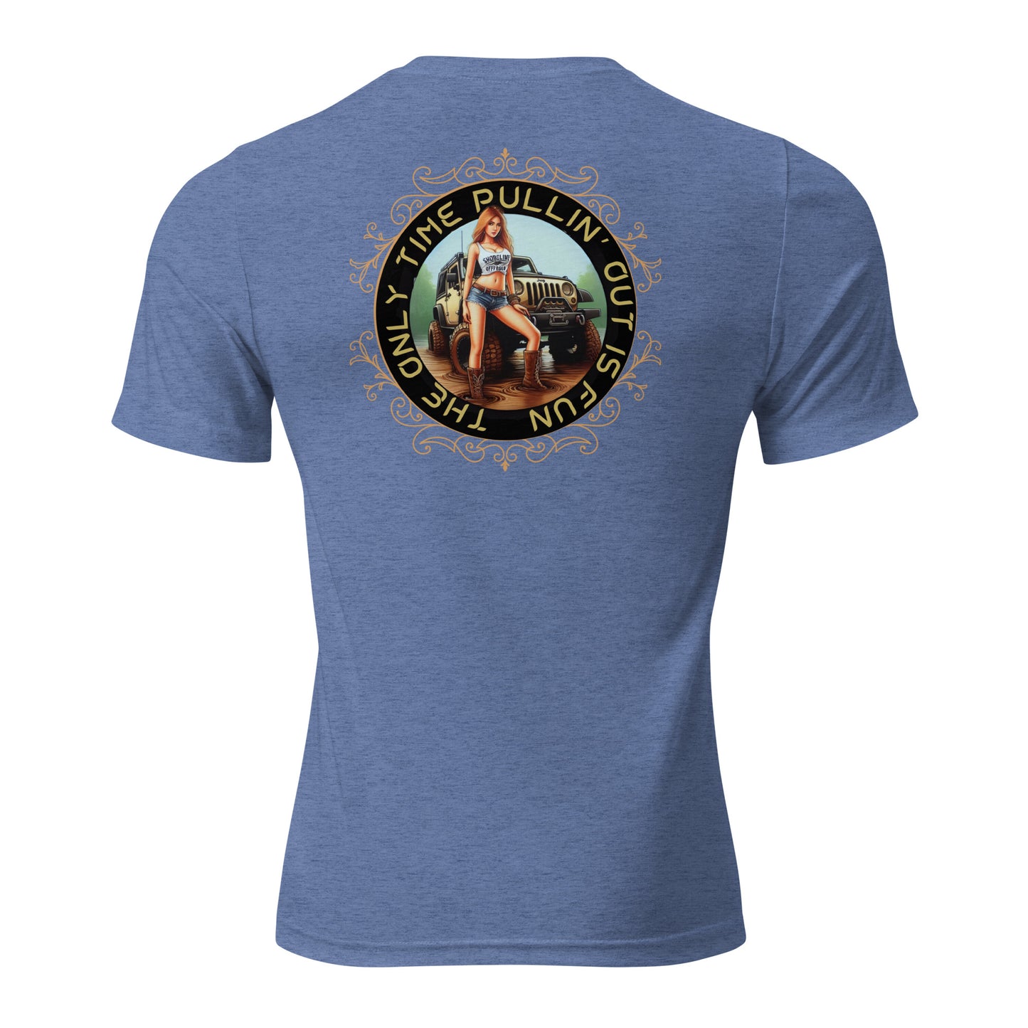 a blue t - shirt with a picture of a woman sitting on top of a