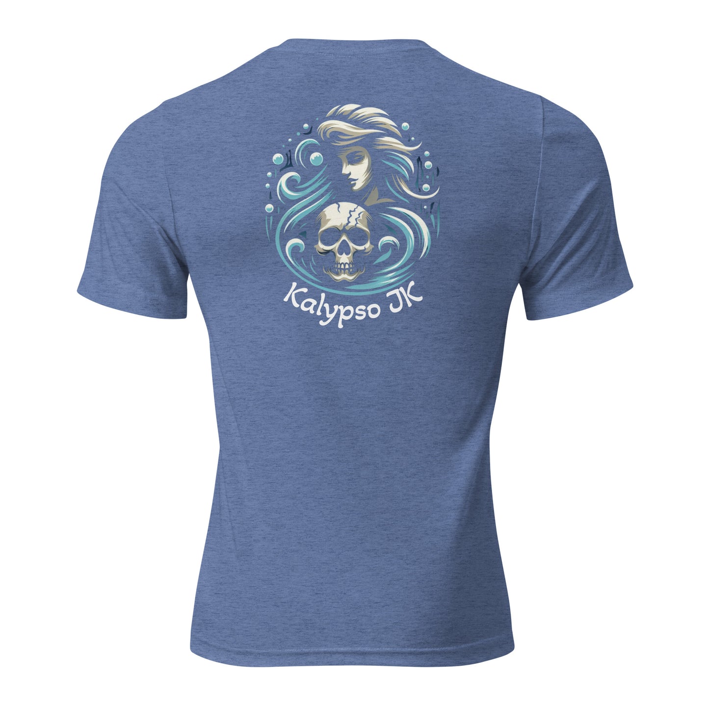 a blue shirt with a woman's face and a skull on it