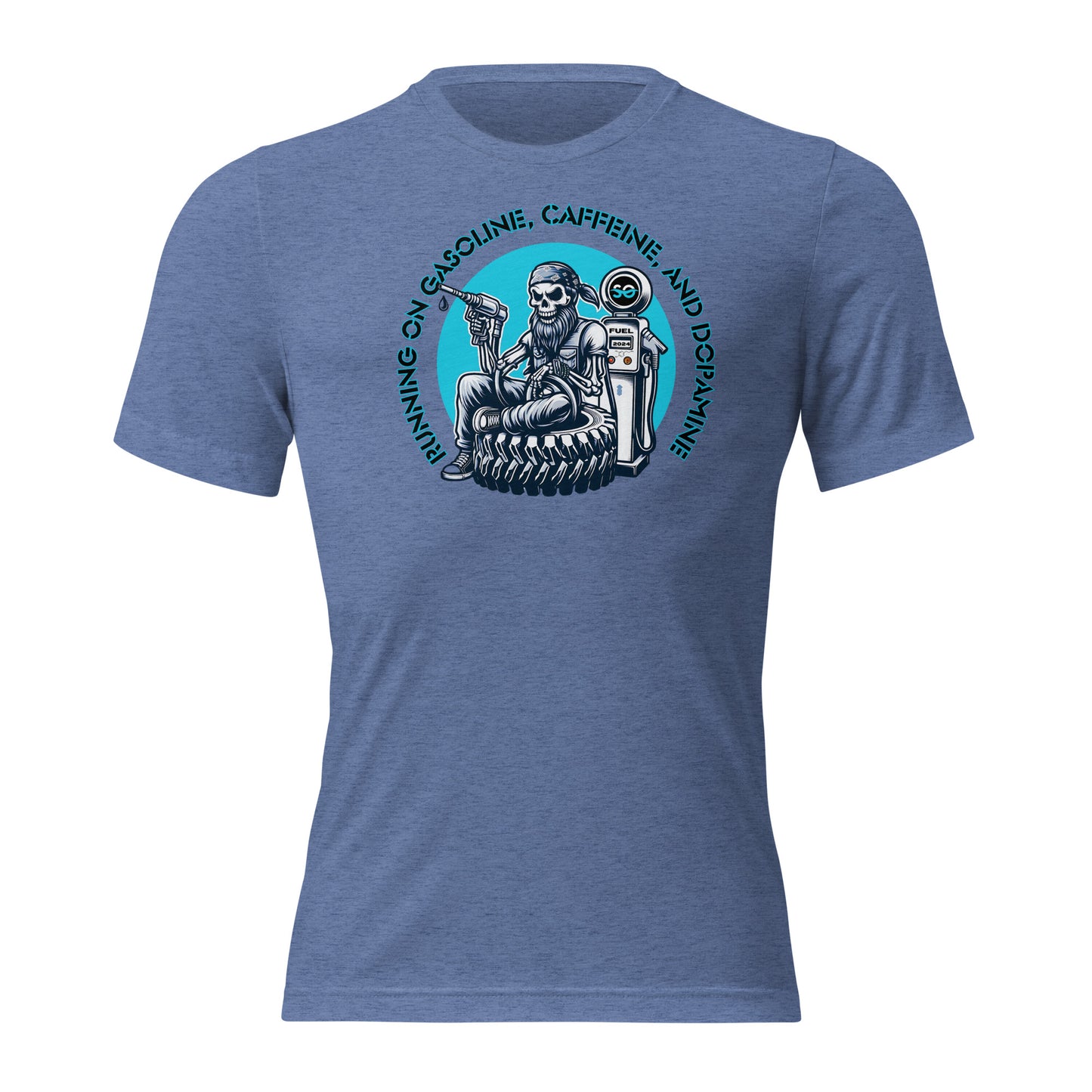 a blue t - shirt with a picture of a man on a motorcycle