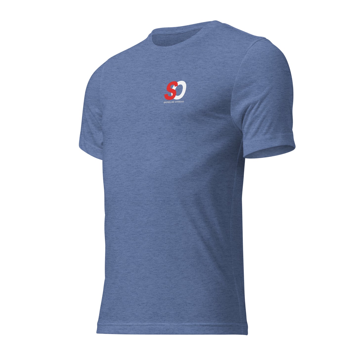 a blue t - shirt with a red heart on the chest