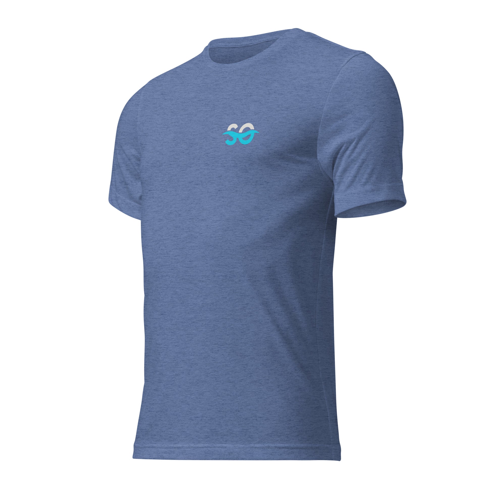 a blue t - shirt with a blue logo on the chest