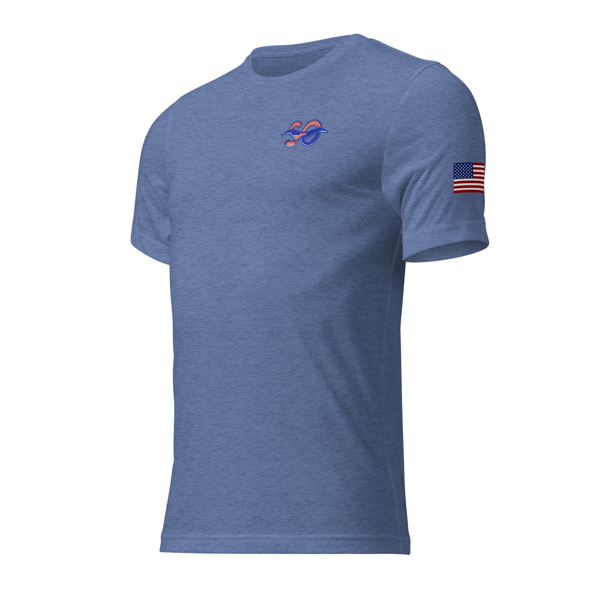 a blue shirt with an american flag on it