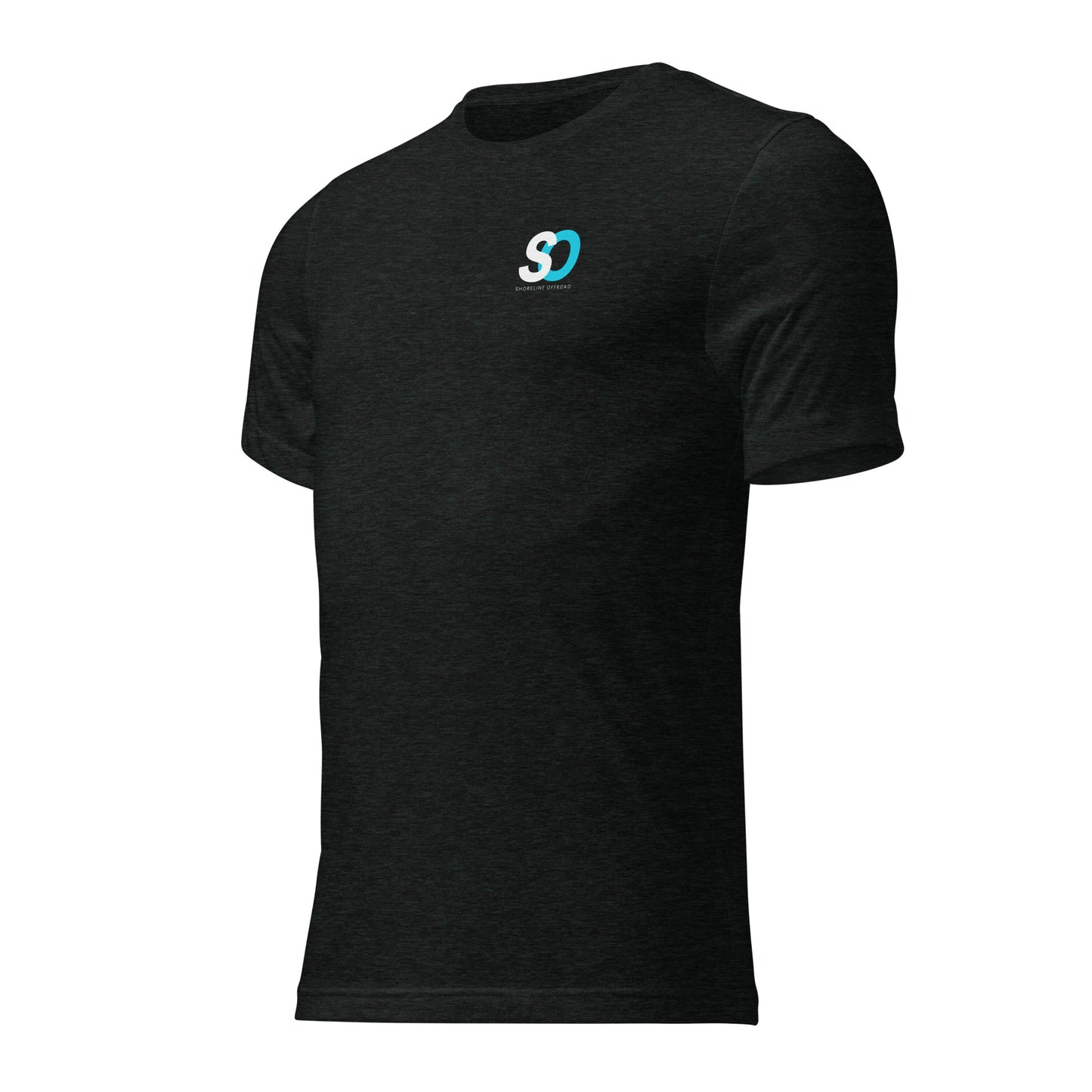 a black t - shirt with a blue and white logo