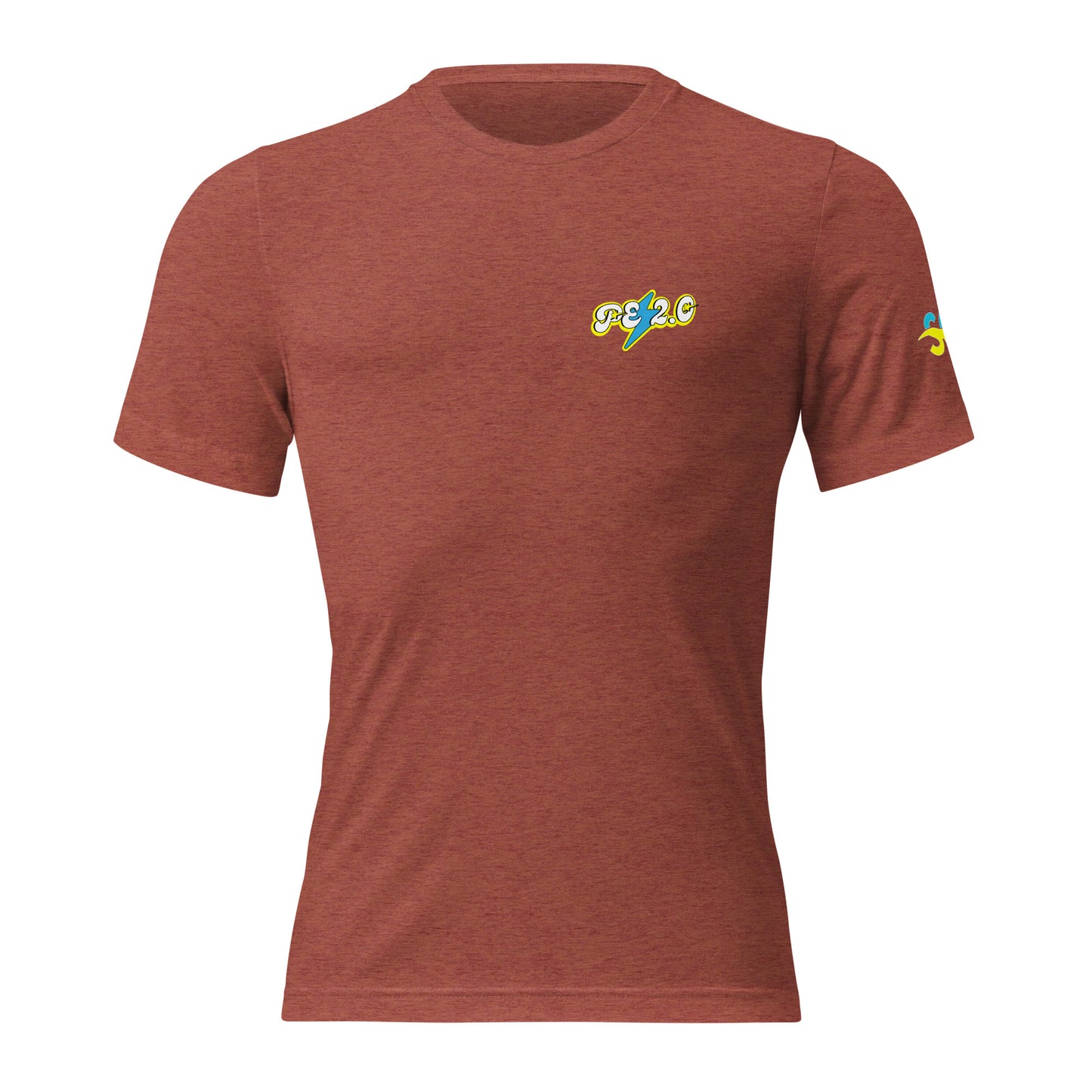 a red t - shirt with a colorful logo on the chest