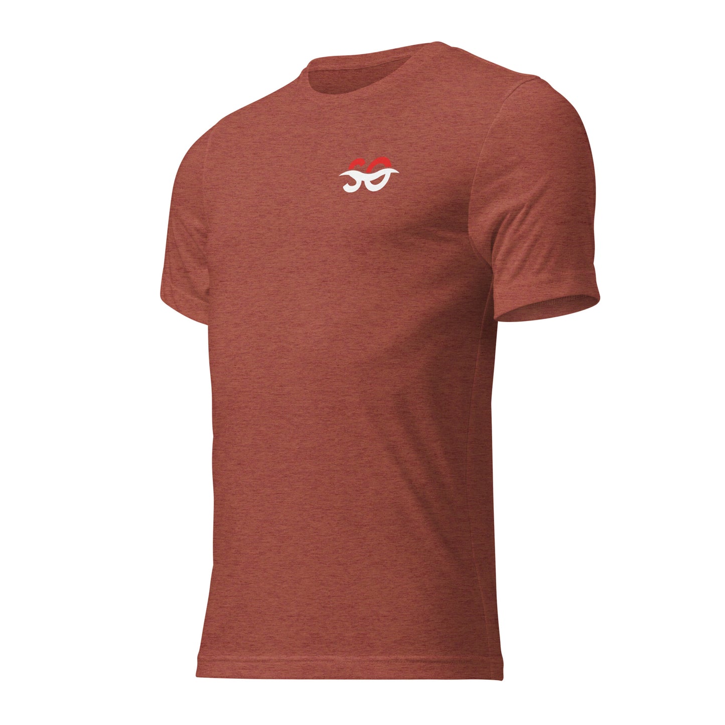 a red t - shirt with a white logo on the chest