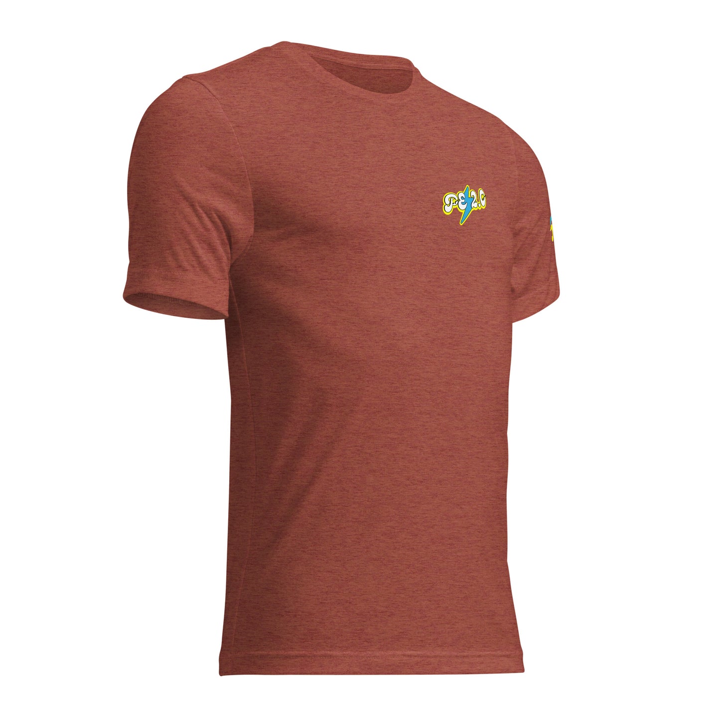 a red t - shirt with a colorful heart on the chest