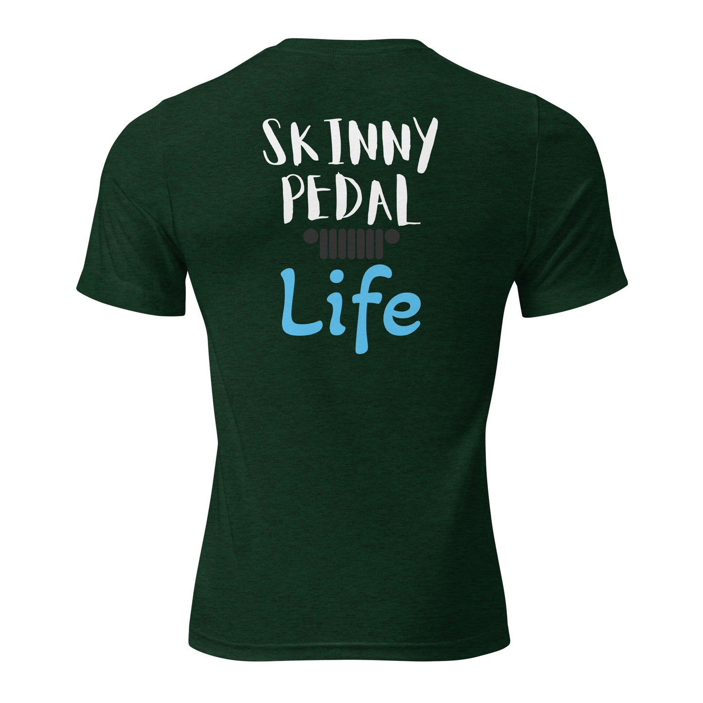 a green shirt that says ski tiny pedal life