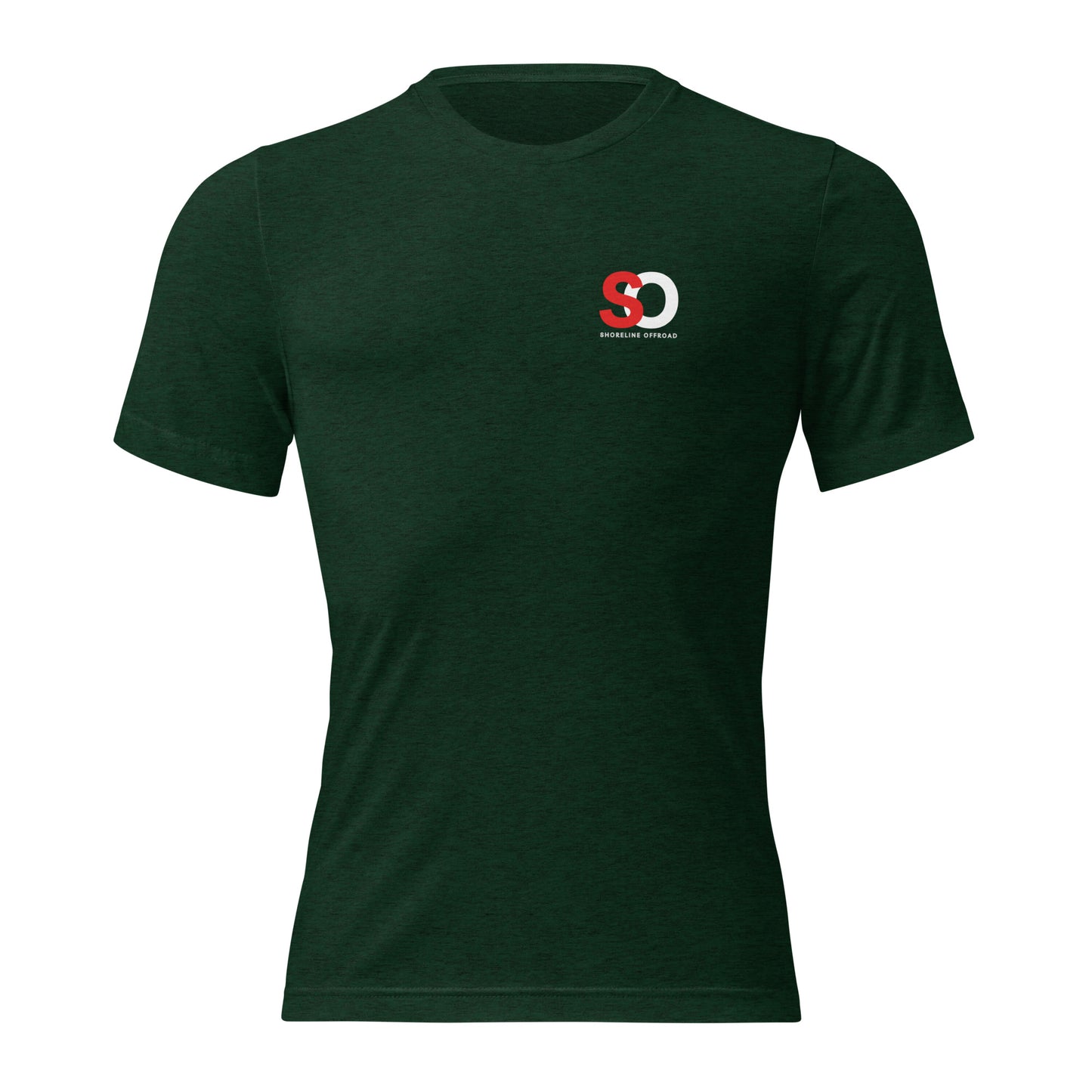 a green t - shirt with a red and white logo