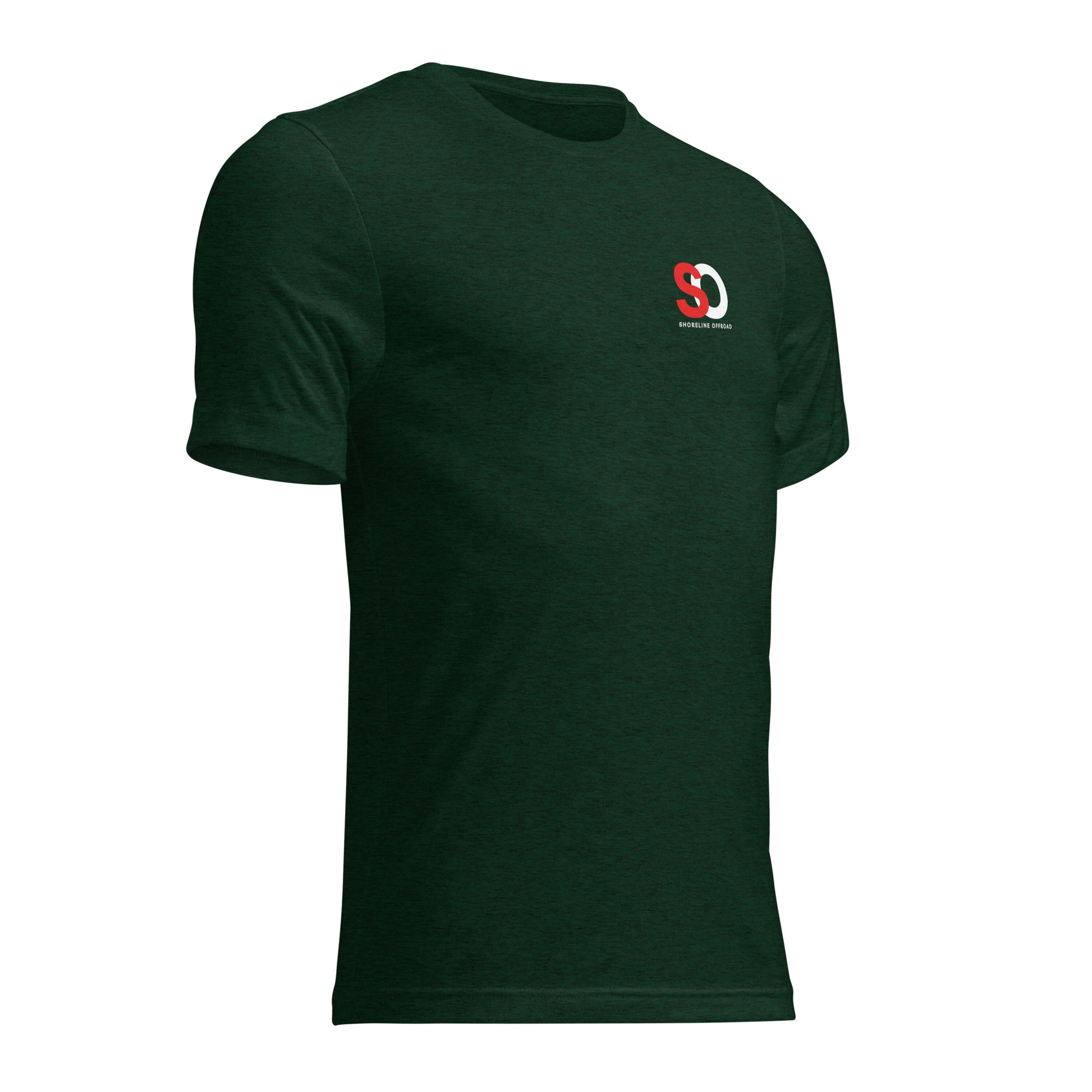 a green t - shirt with a red and white logo