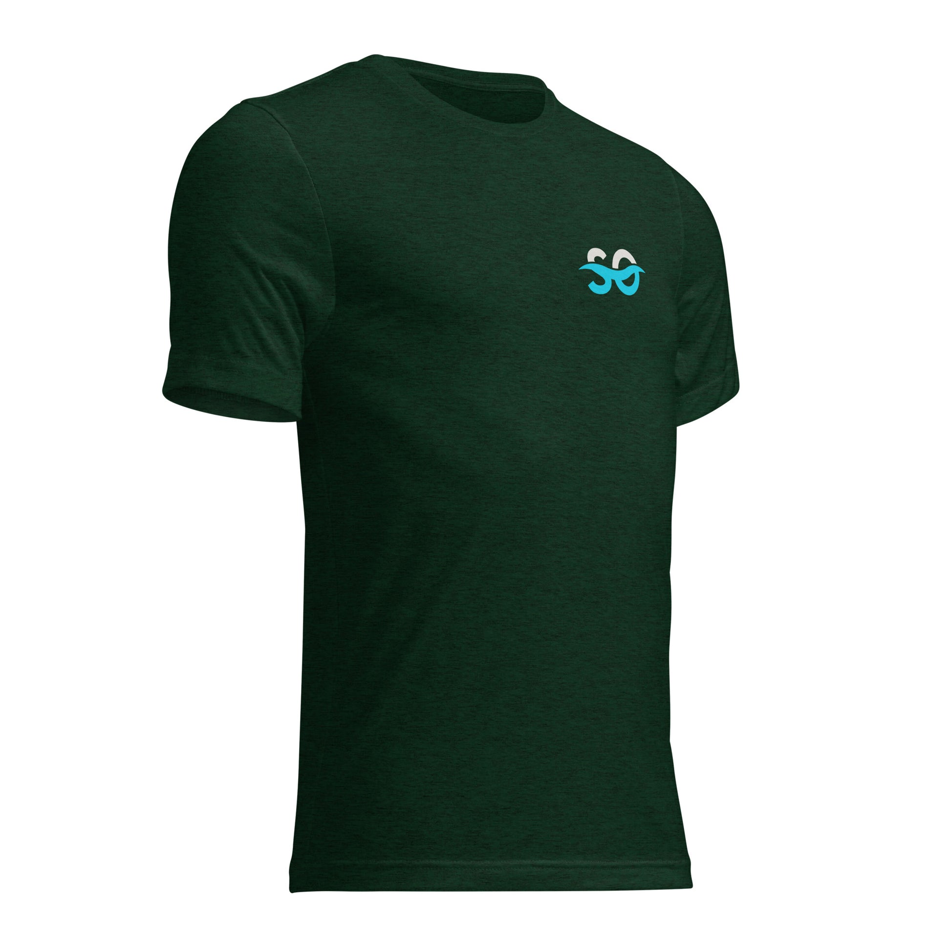 a dark green t - shirt with a blue logo on the chest