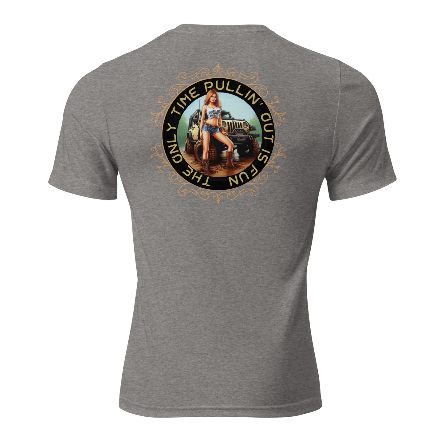 a grey t - shirt with a picture of a woman sitting on top of a