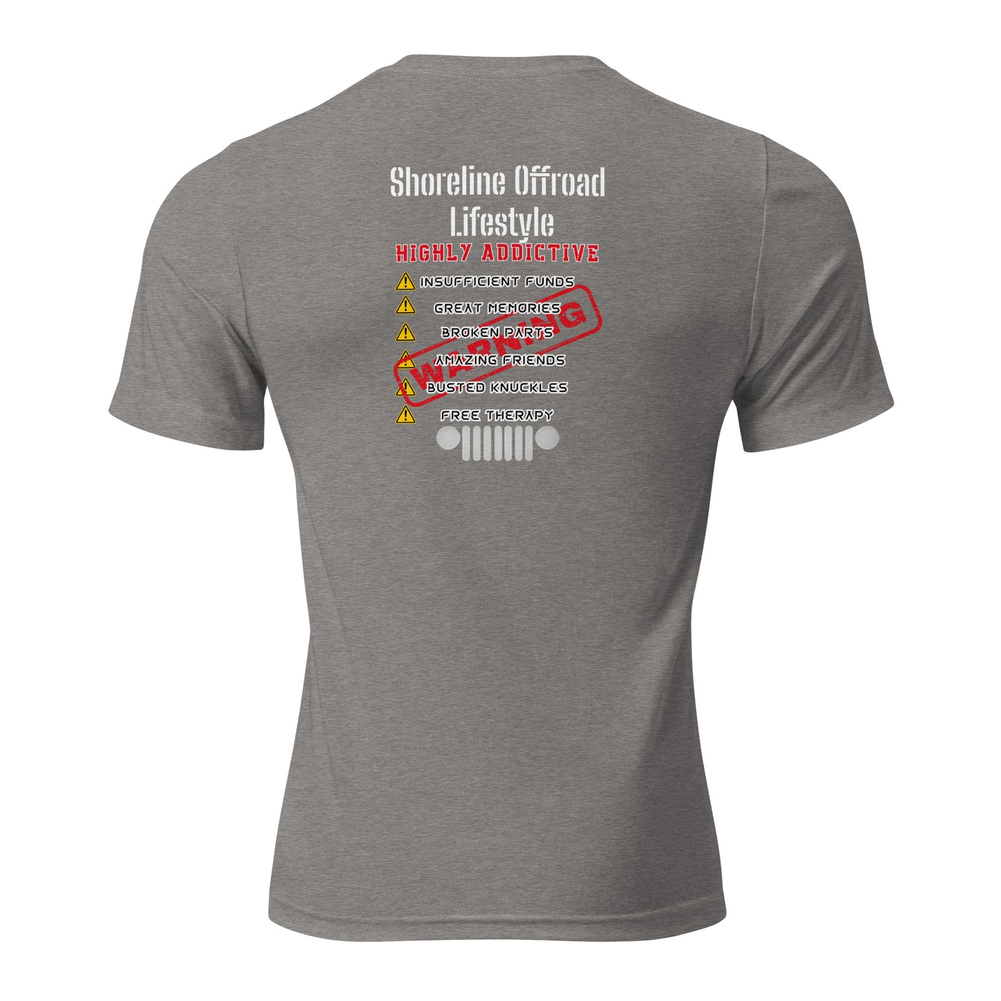 the back of a gray shirt with the words, short - sleeved, and