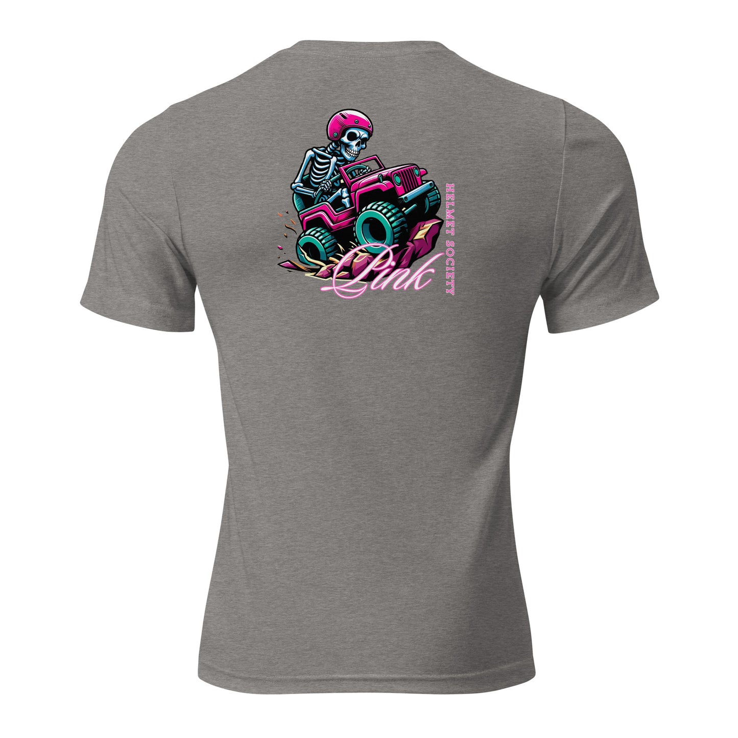 a grey shirt with a skeleton riding a pink car