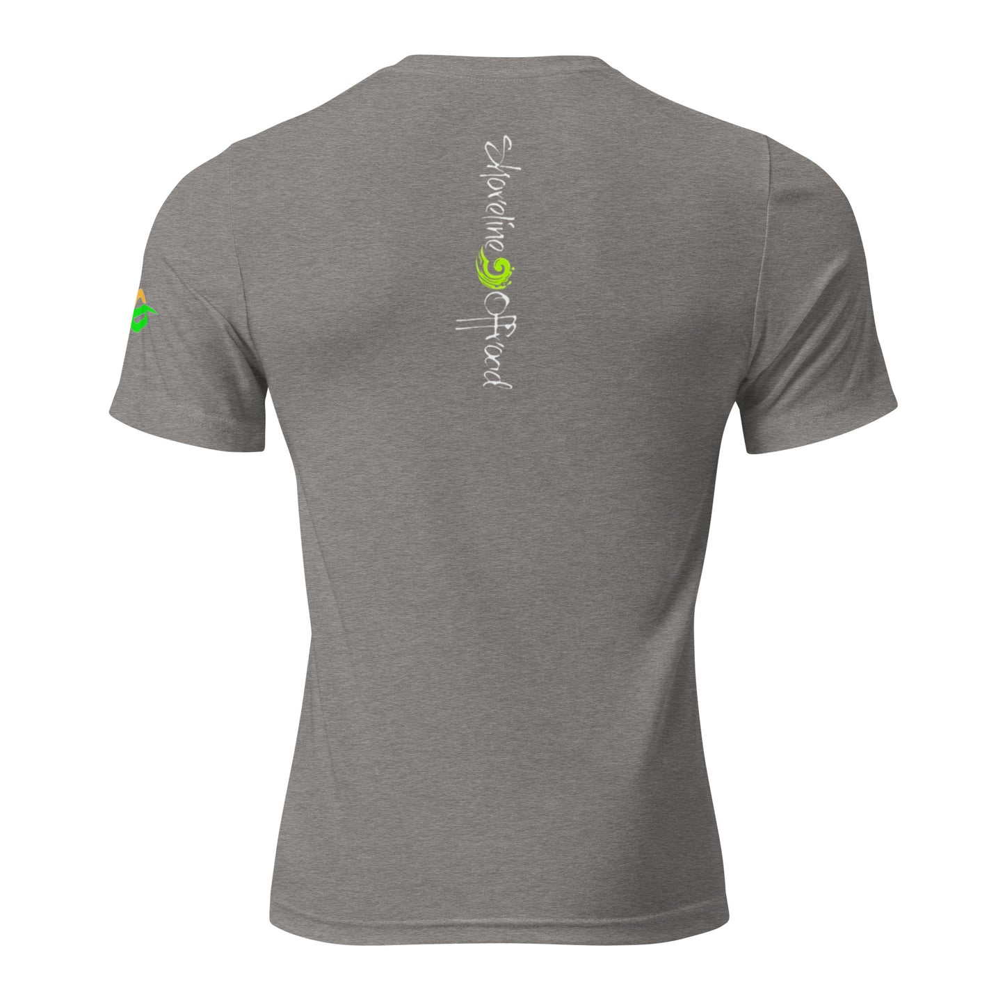 the back of a gray shirt with a green apple on it