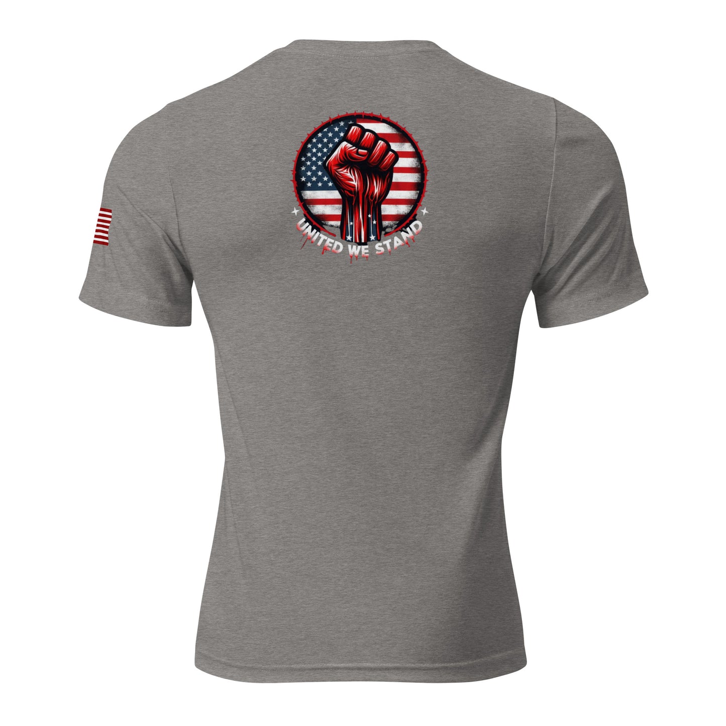 the back of a gray shirt with an american flag and a fist on it