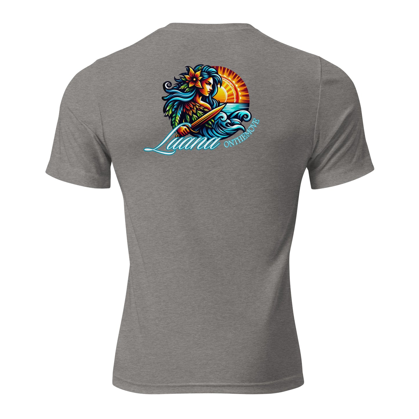 a gray shirt with a picture of a mermaid holding a surfboard