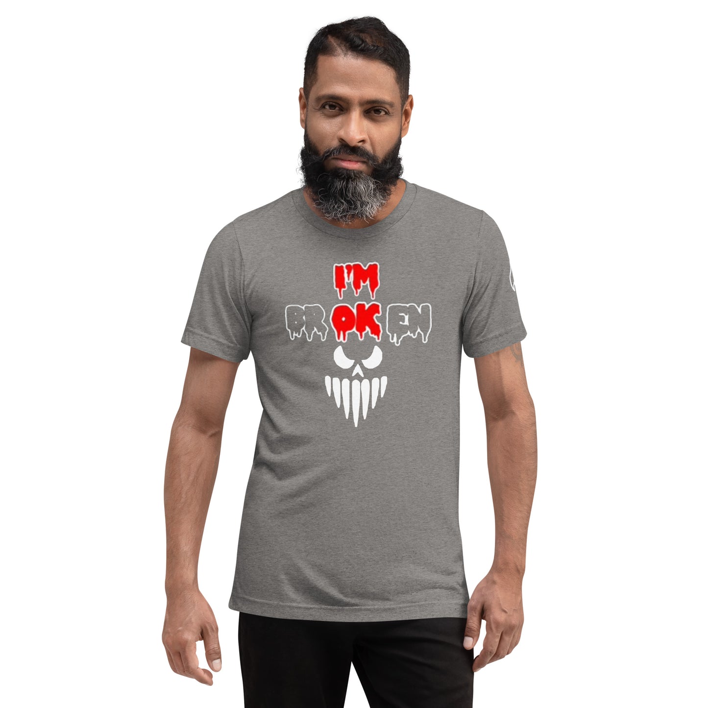 a man with a beard wearing a t - shirt that says i'm okay