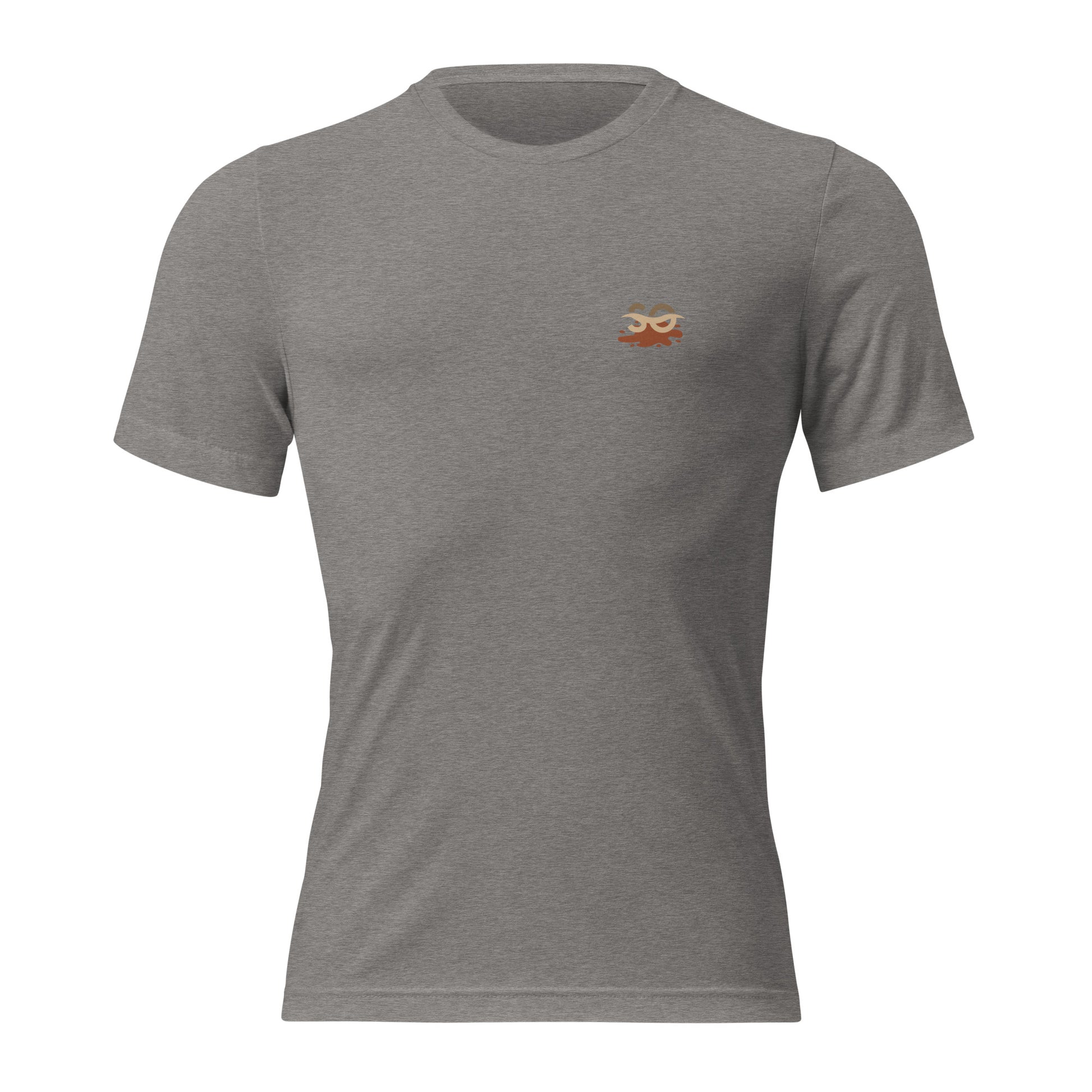 a grey t - shirt with an orange logo on the chest