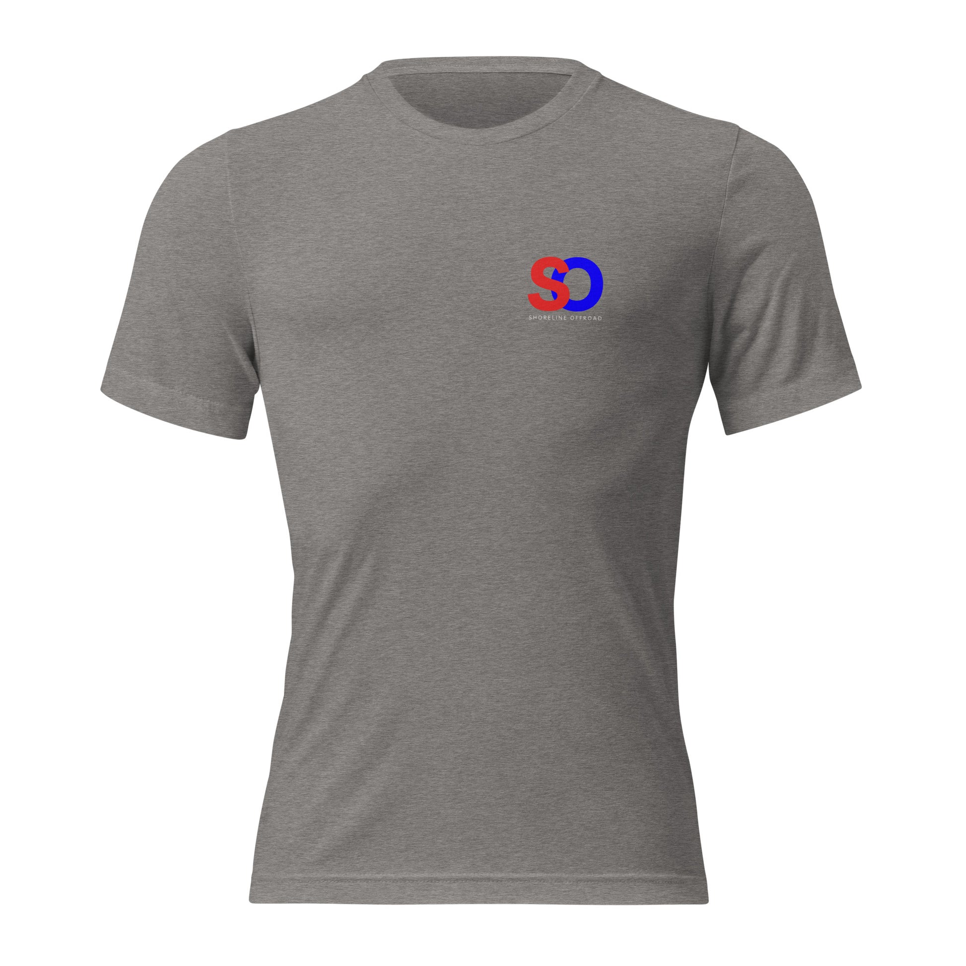 a grey t - shirt with a blue and red logo