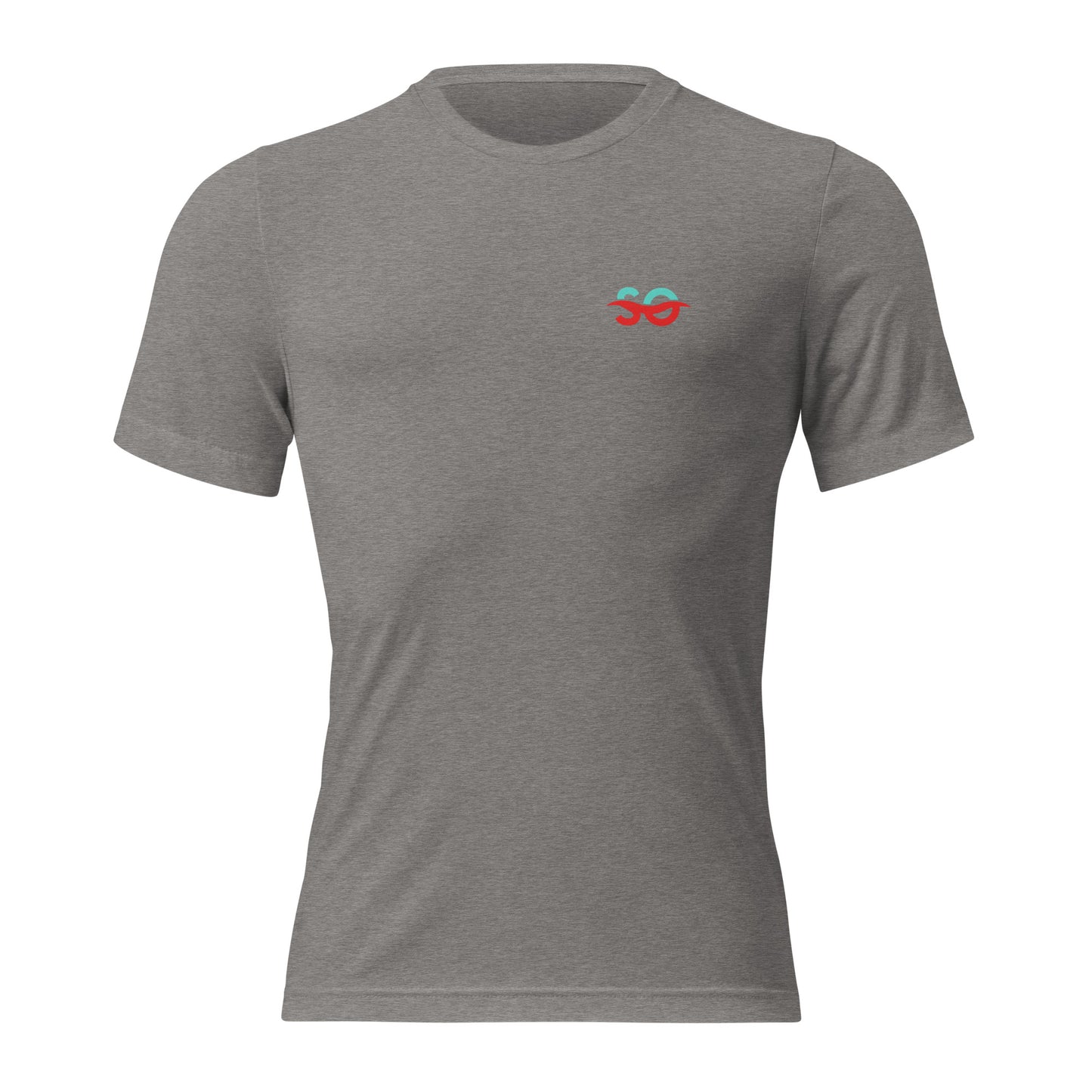 a grey t - shirt with a red heart on the chest