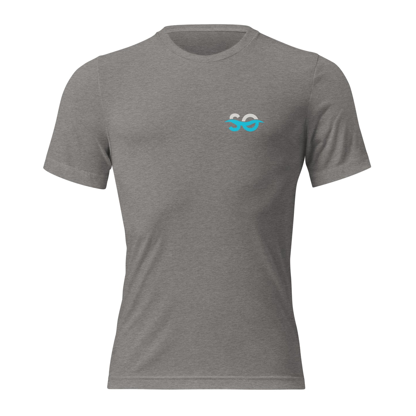 a grey shirt with a blue logo on the chest