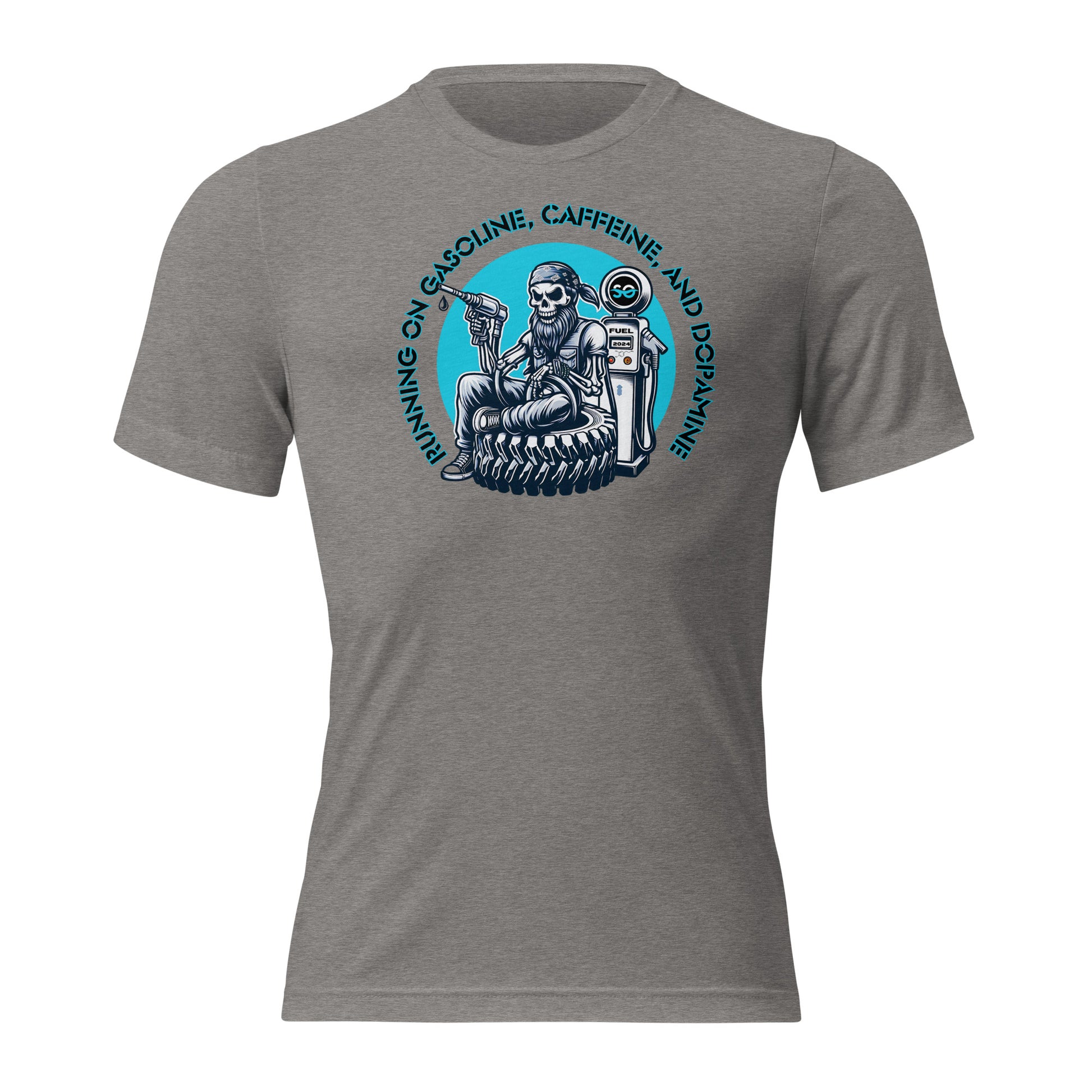 a grey t - shirt with a picture of a man on a motorcycle